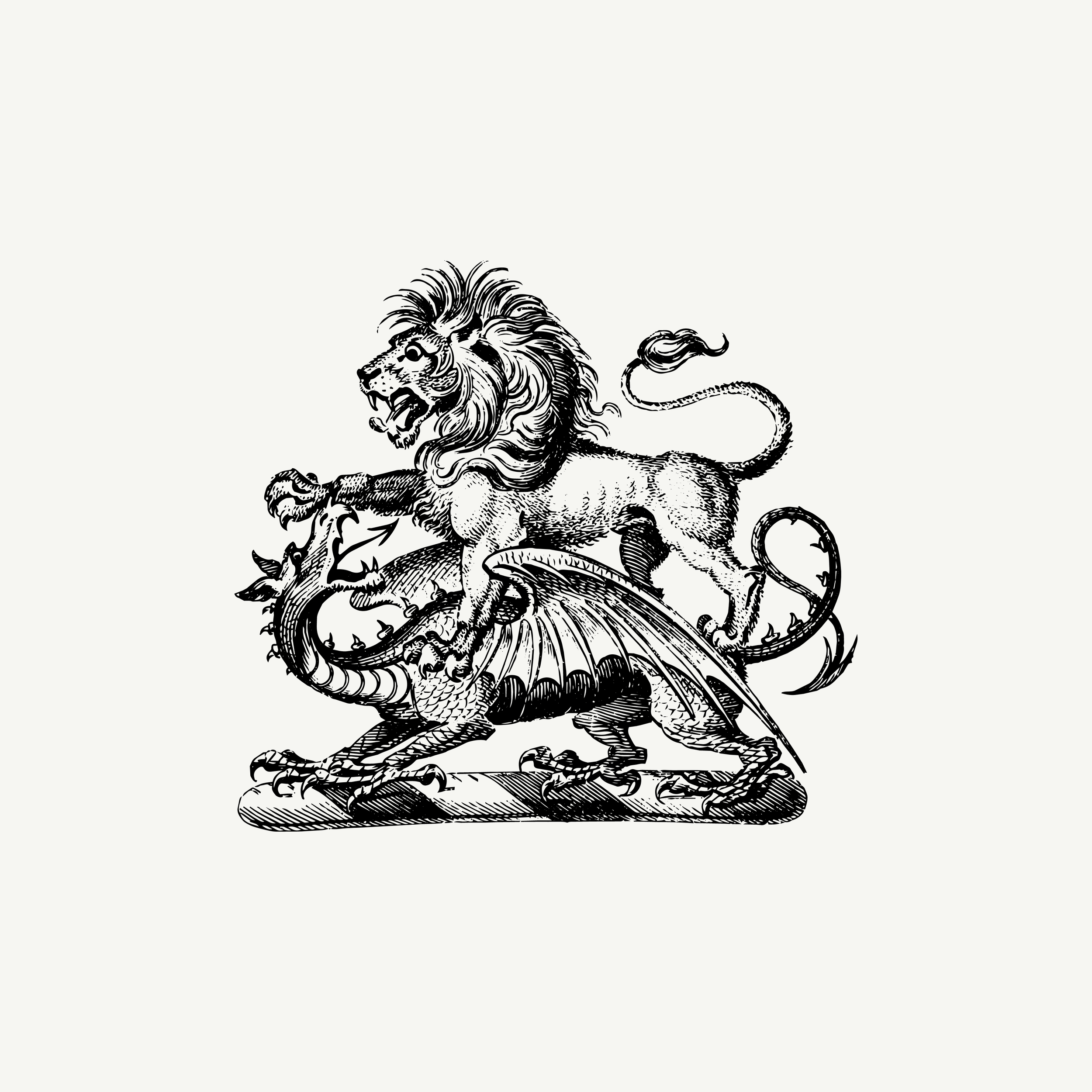 Historic engraved crest of a Lion Standing Upon Dragon, paired with the orientation line "Struggles become part of the balance" — from the Story & Sigil archive