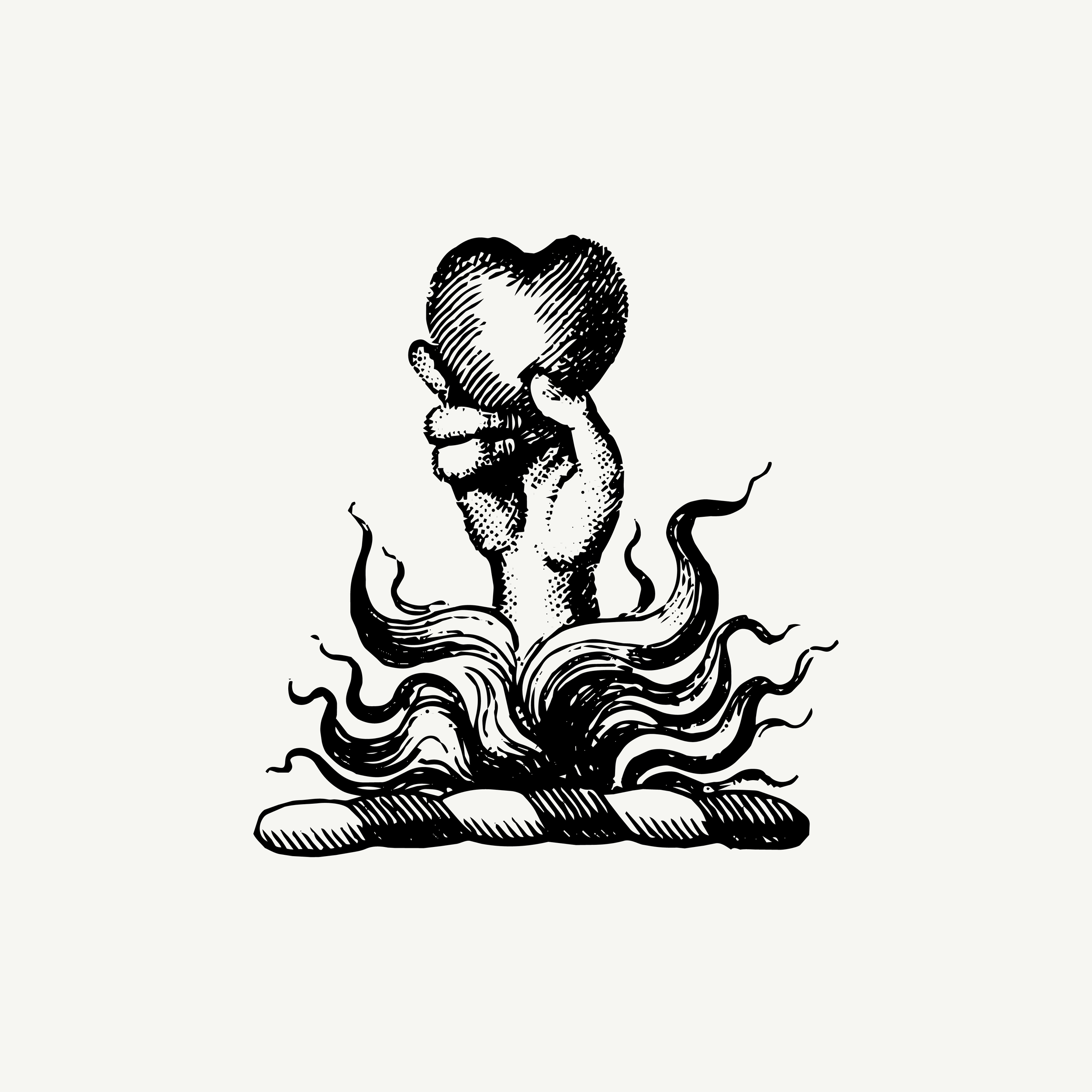 Historic engraved crest of a Hand Raising Heart from Flame, paired with the orientation line "The essential thing survived" — from the Story & Sigil archive