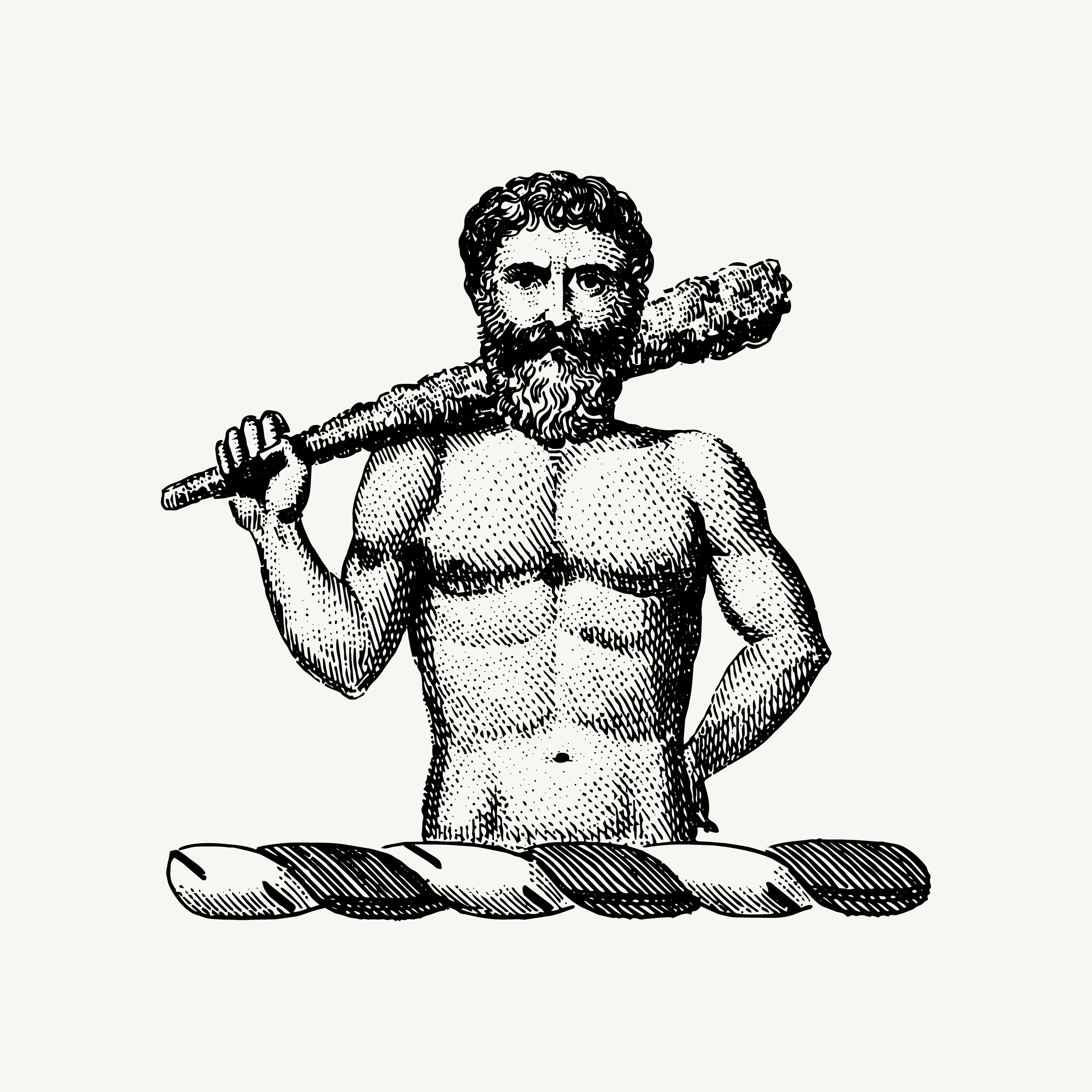 Engraved crest of a muscular man holding a club over his shoulder