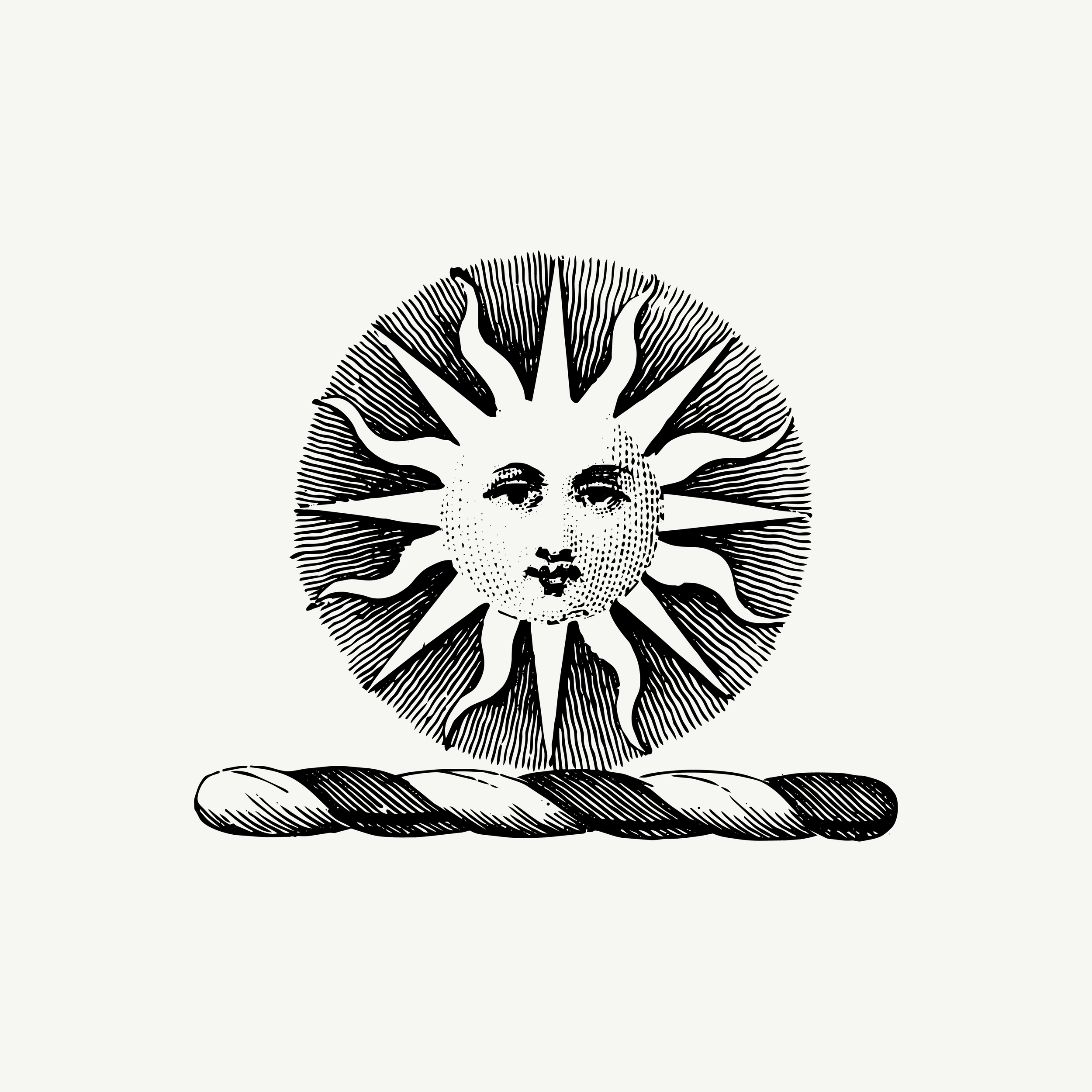 Engraved crest depicting a radiant sun with human face, historic illustration, black and white