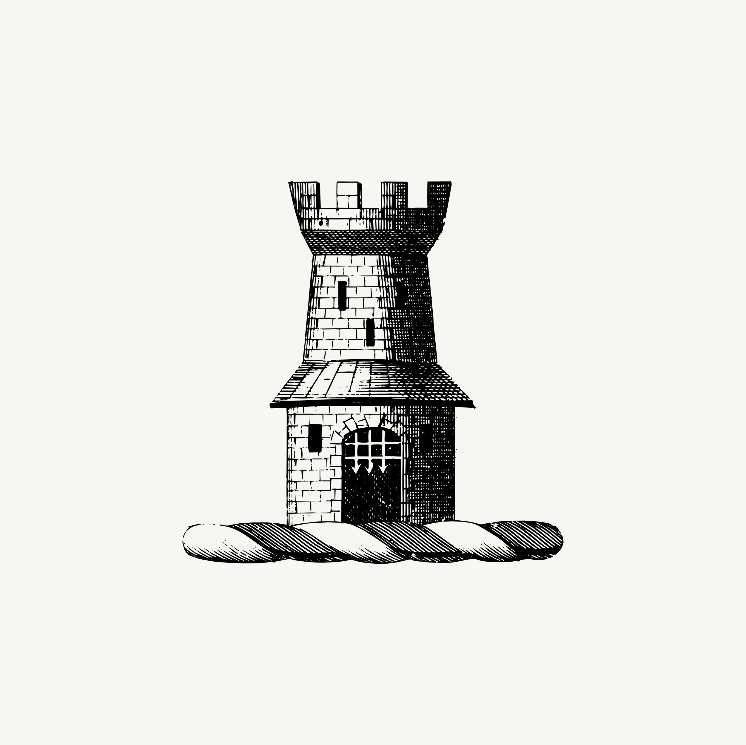 Historic engraved crest of a Tower, paired with the orientation line "You already know you're going in." — from the Story & Sigil archive
