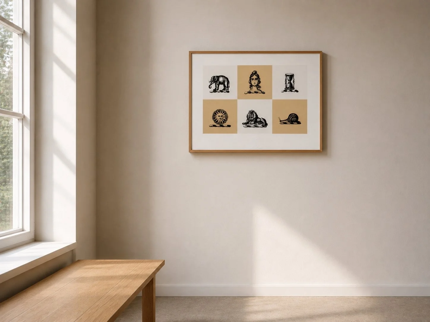A framed artwork hanging on a plain light-colored wall with six black and white images of various objects and figures, including an elephant, a woman's face, an hourglass, a sun, a lion, and a snail. A window with sunlight streaming in is on the left, beside a wooden bench.