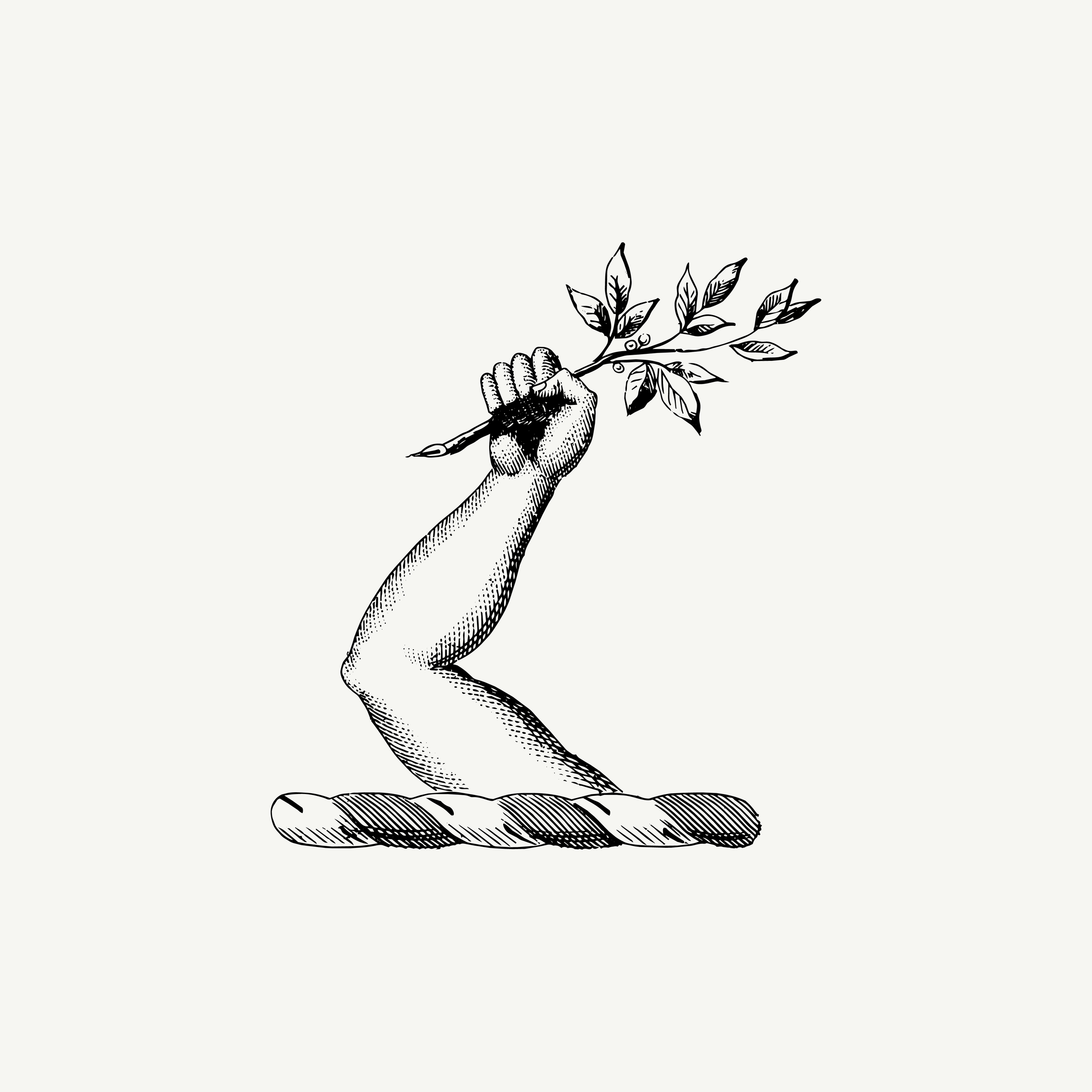 Historic engraved crest of an Arm Raising Living Branch, paired with the orientation line "The search has an end" — from the Story & Sigil archive