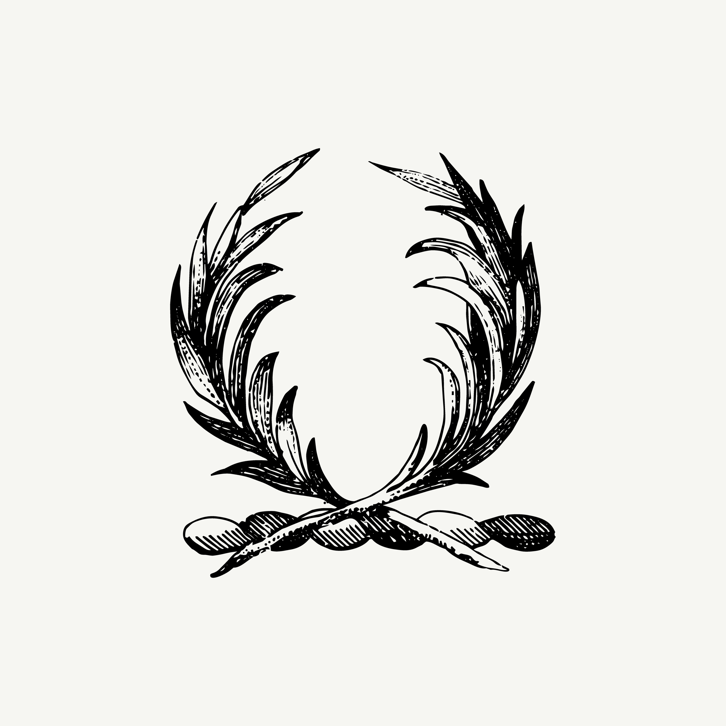 Engraved crest depicting a laurel wreath, historic symbolic illustration, black and white