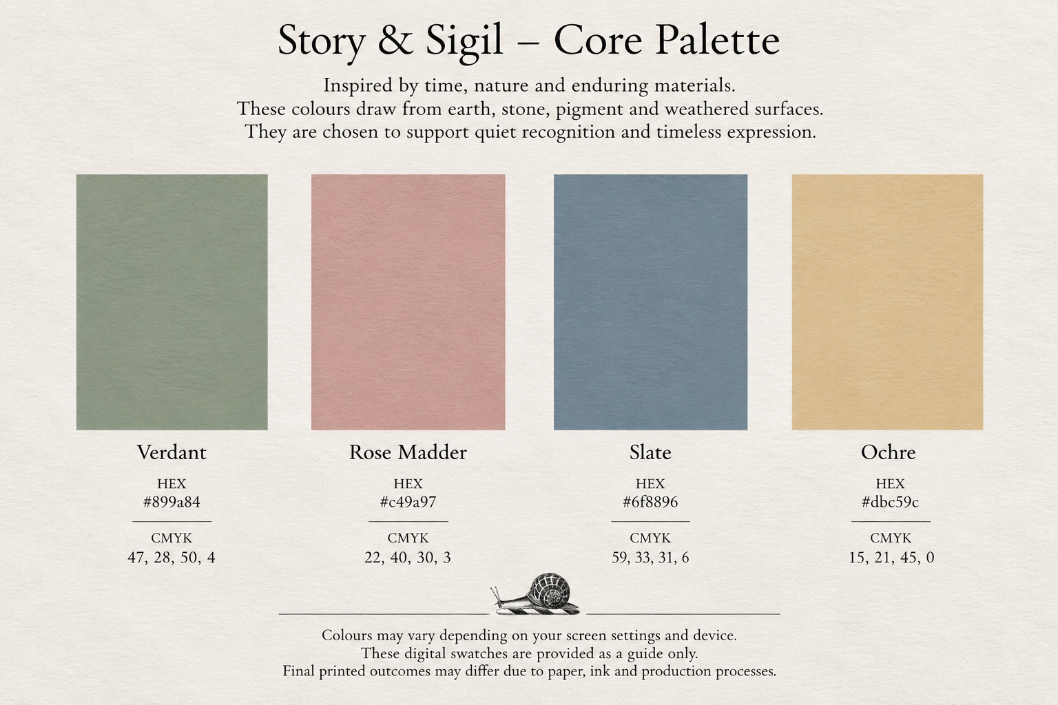 A colour palette named 'Story & Sigil - Core Palette' featuring four swatches: Verdant, Rose Madder, Slate, and Ochre, with codes. The palette is inspired by natural materials and aged surfaces, emphasiing earthy tones for recognition and expression.