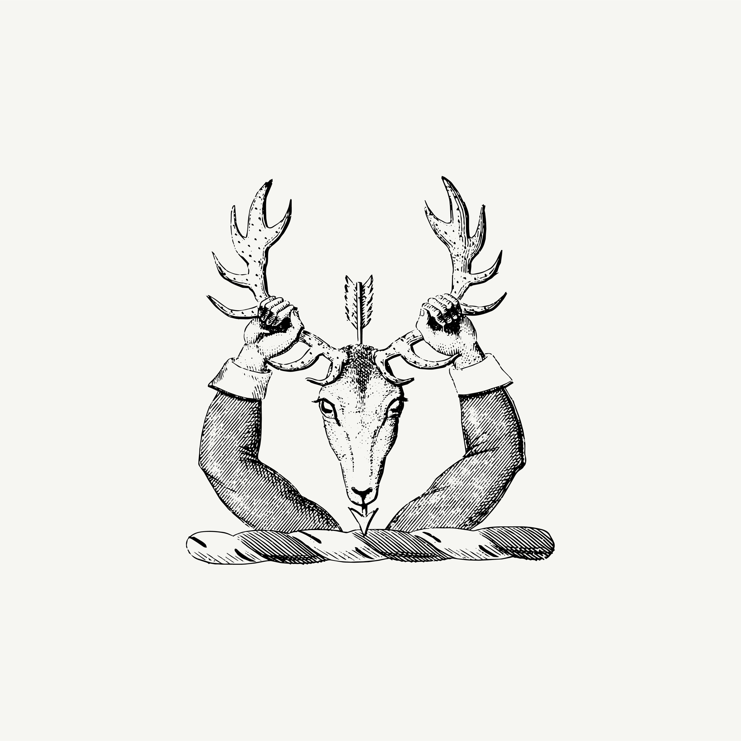 Historic engraved crest of a Hands Holding Stag Antlers, paired with the orientation line "You will never own it" — from the Story & Sigil archive