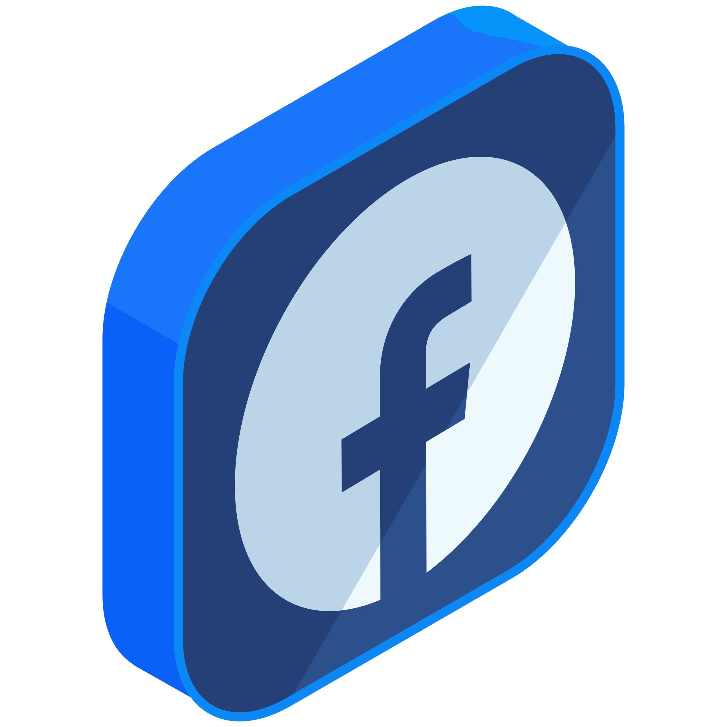 3D Facebook icon with blue frame and white background featuring a dark blue stylized letter 'f'.