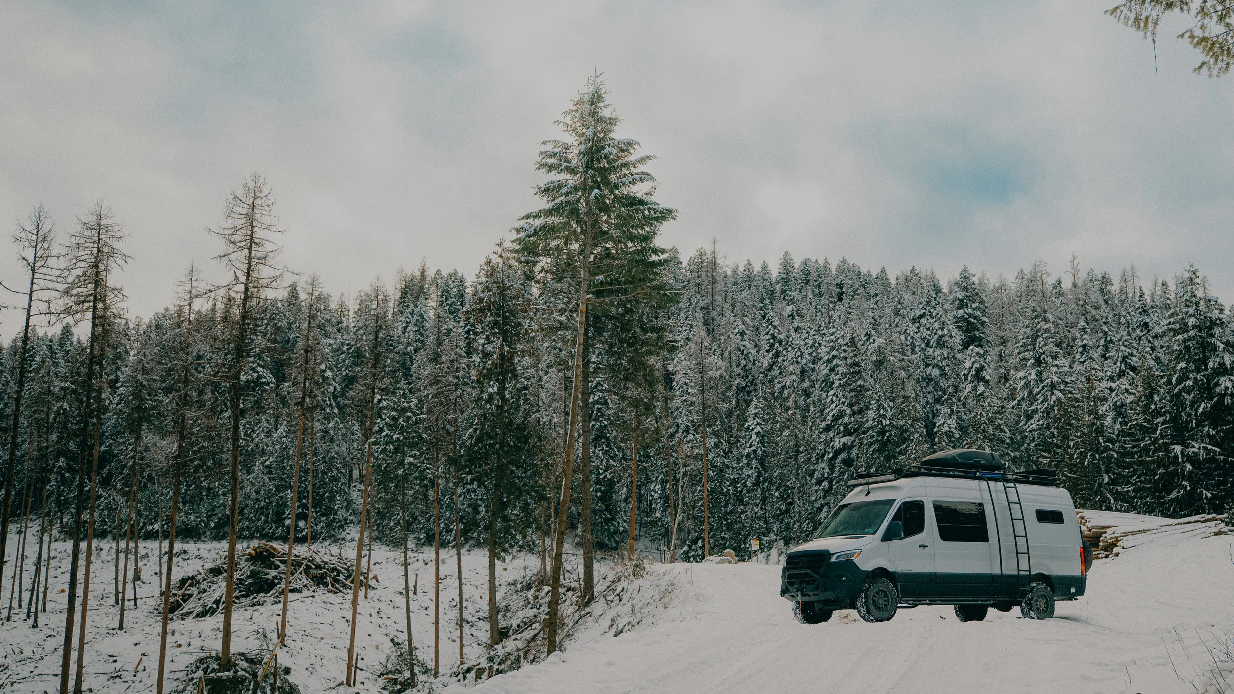 A white camper van parked in a snowy forested area with snow-covered trees and cloudy sky in the background.
