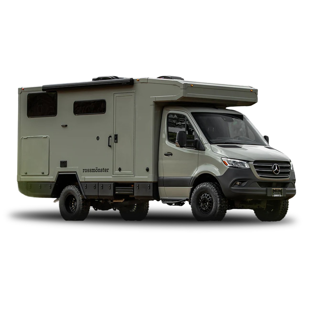 A gray Mercedes-Benz Sprinter van converted into an RV or camper with black tires, side windows, and a side door, against a plain white background.