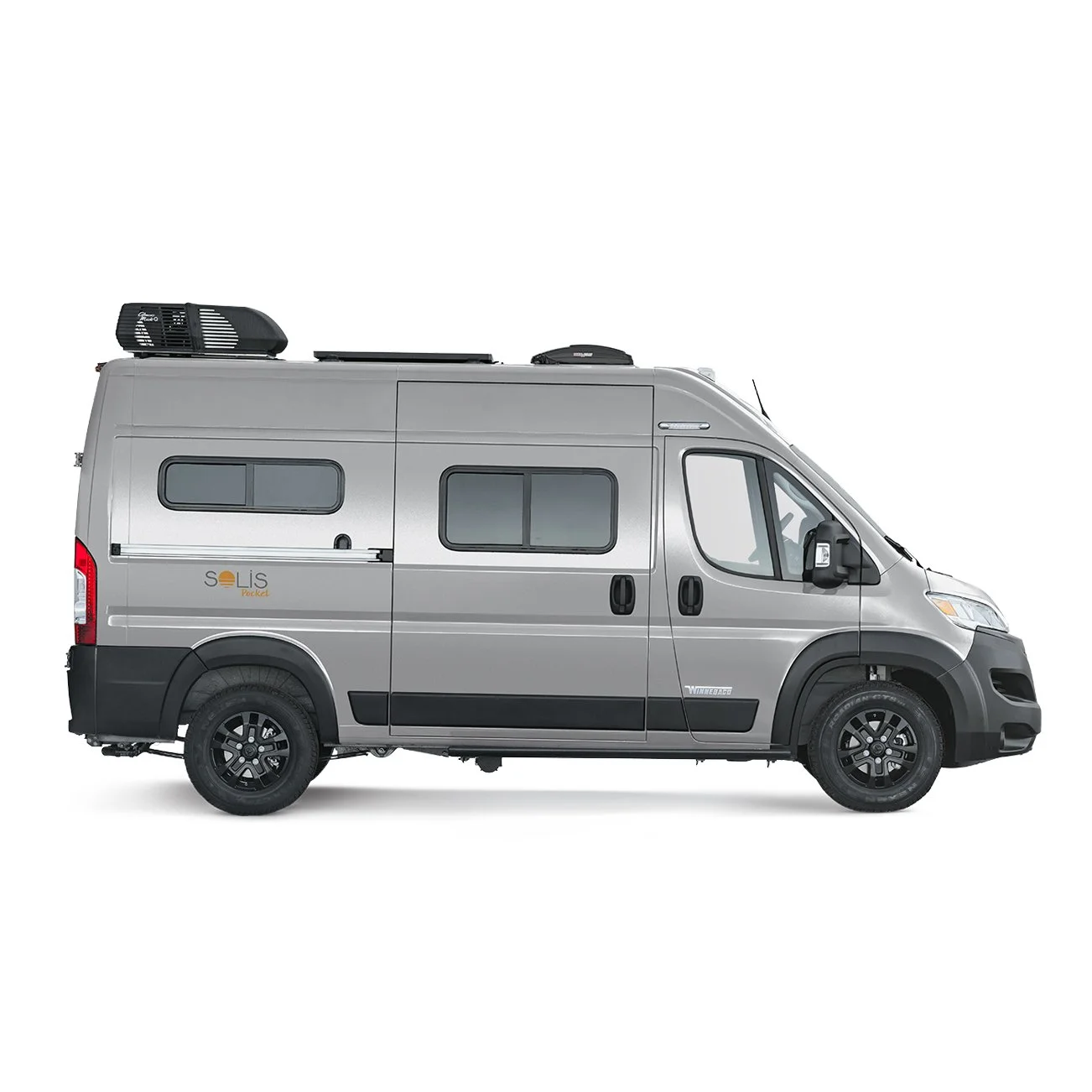 Silver camper van with black wheels and tinted windows isolated on white background.