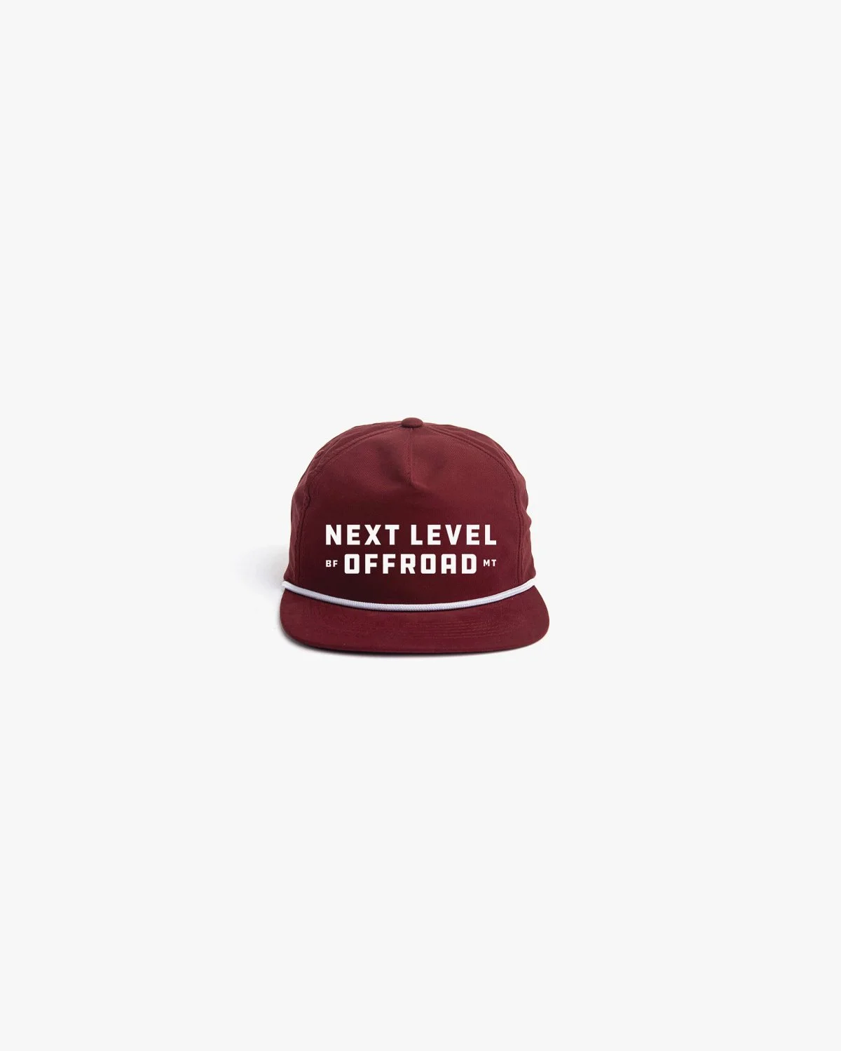 A maroon colored cap with white text that says 'NEXT LEVEL OFFROAD' and smaller text 'BF' and 'MT' on the sides.