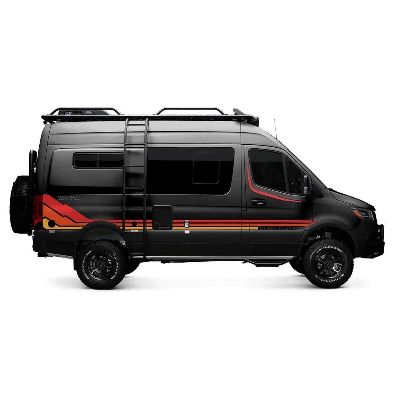 Black camper van with red and orange stripe design, roof rack, ladder, and off-road tires, isolated on white background.