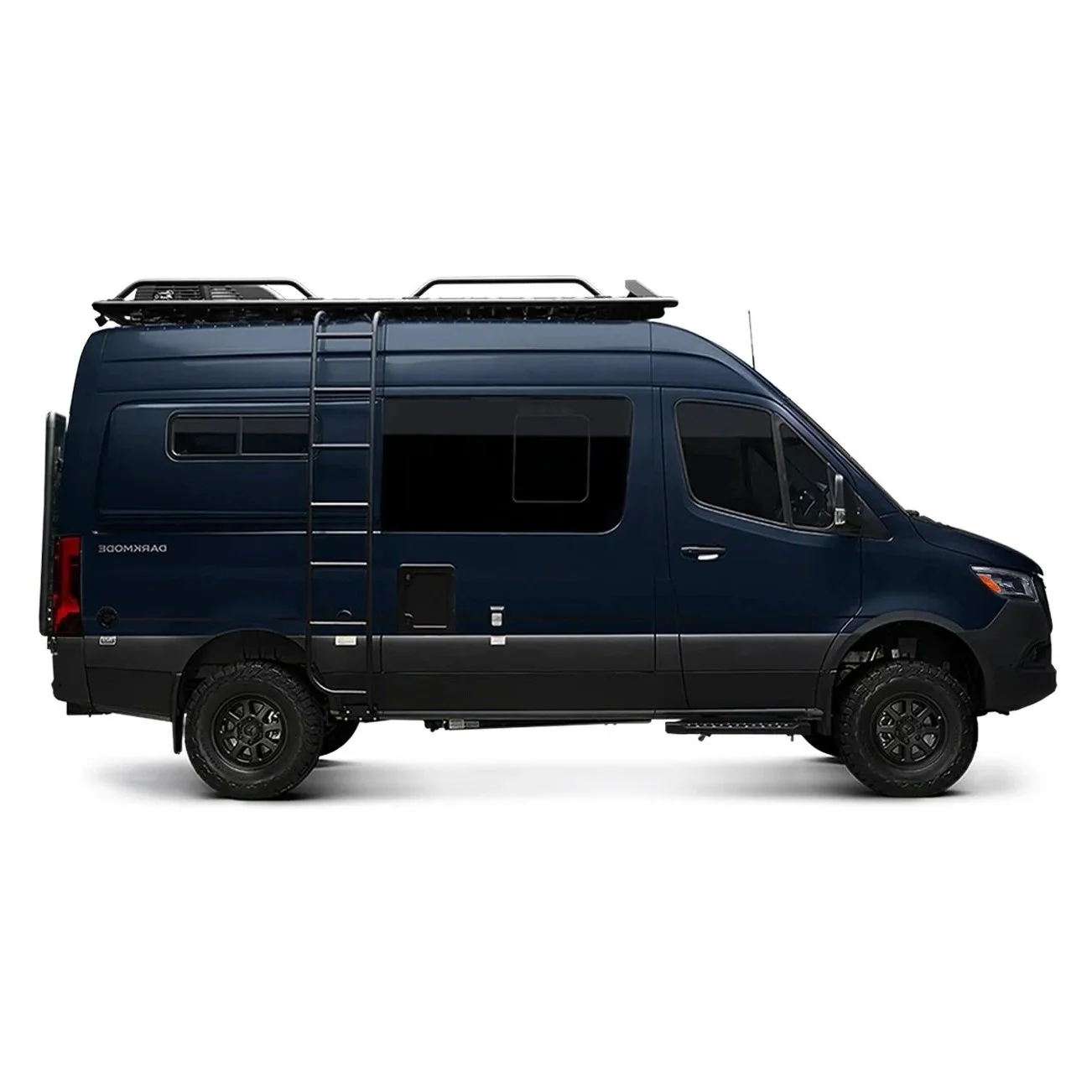 Dark blue camper van with a rooftop rack and ladder, black wheels, and tinted windows, isolated on white background.