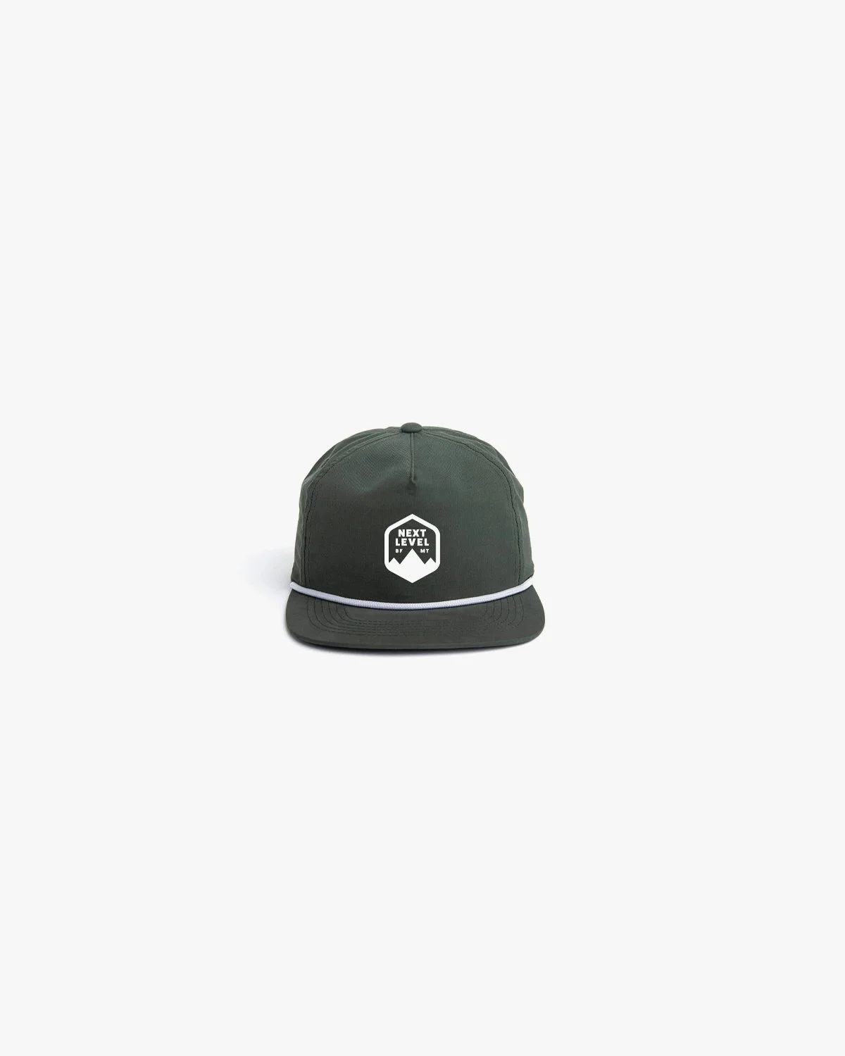 A dark green baseball cap with a white stripe around the brim and a logo that reads 'Next Level' on the front.