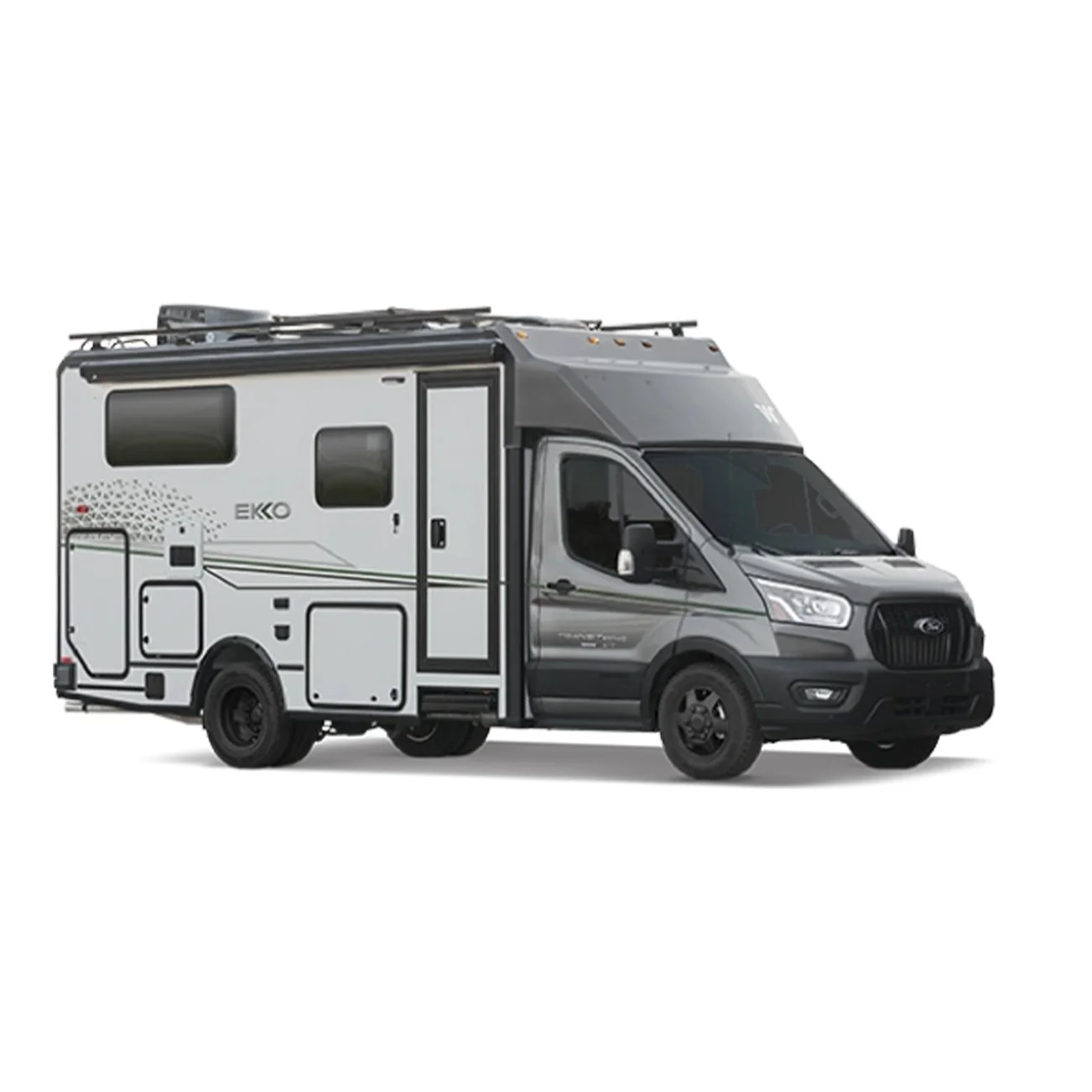 Gray and white Class B camper van with black wheels and black front grille isolated on white background.