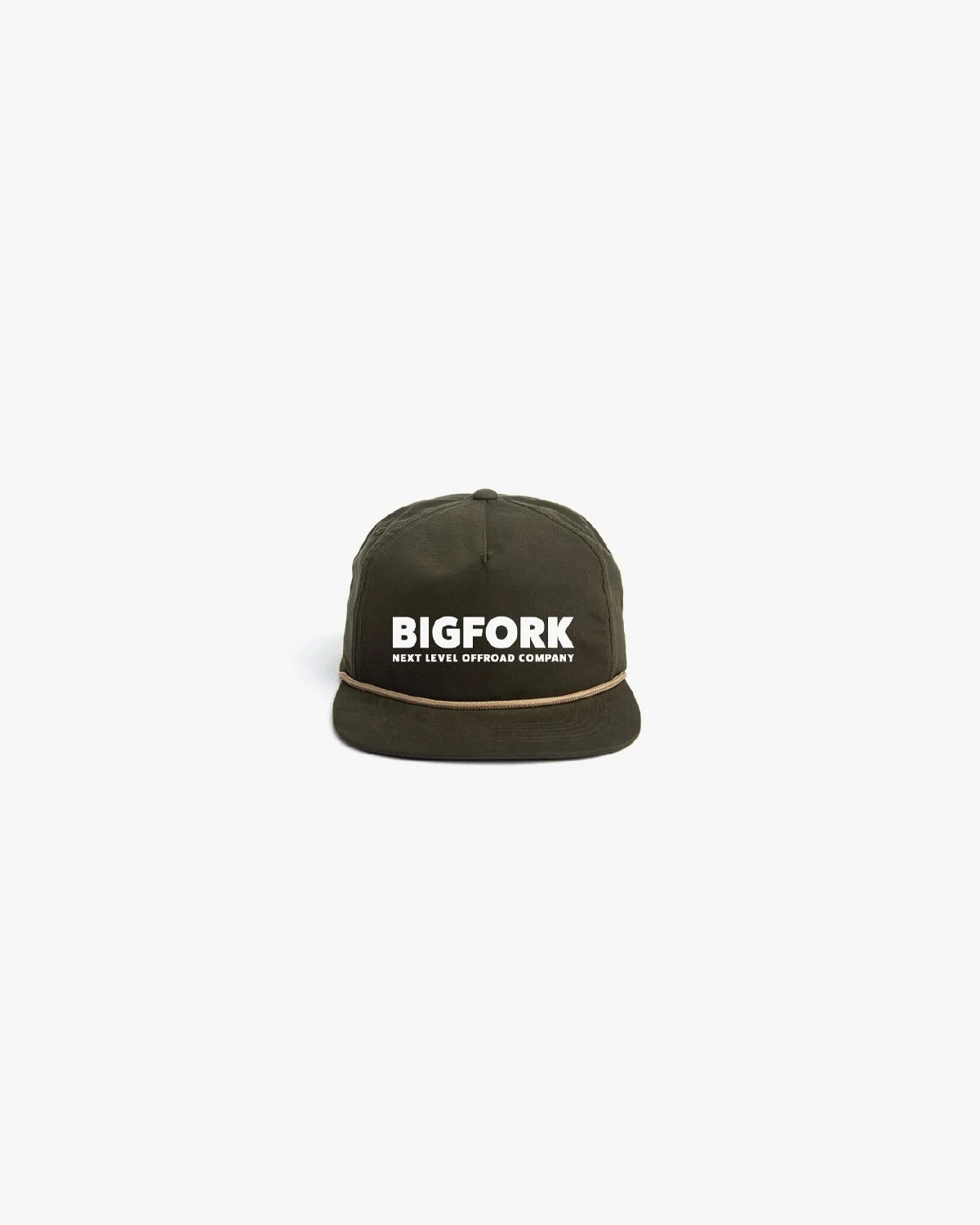 Black cap with the text 'BIGFORK NEXT LEVEL OFFROAD COMPANY' on the front, placed on a white background.