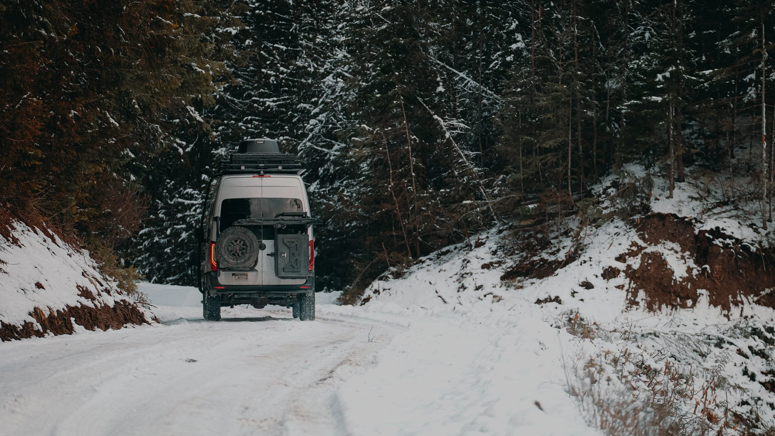 A grey SUV driving on a snow-covered forest road surrounded by tall trees with snow on their branches.