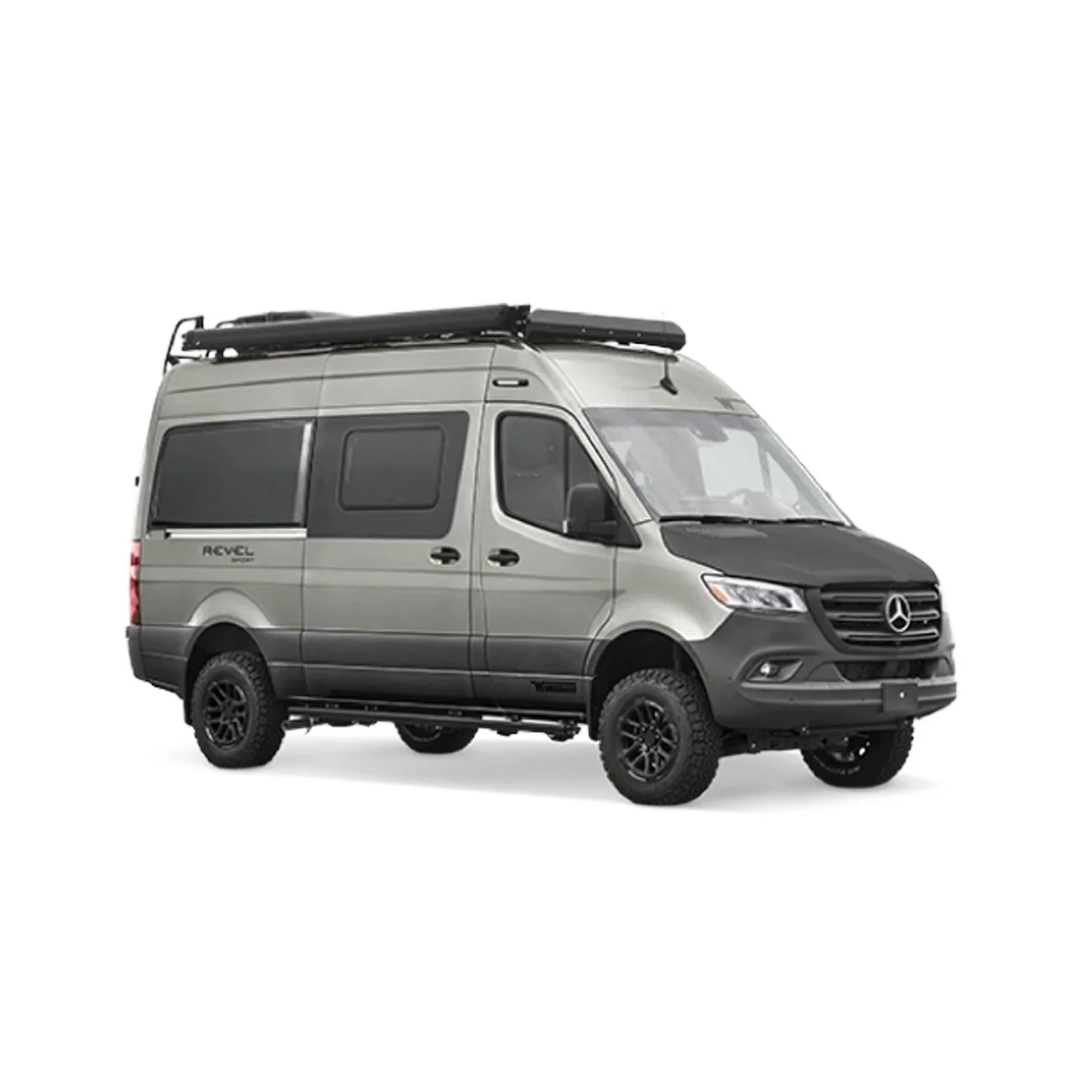 A silver Mercedes-Benz van with black grille, black roof rack, and off-road tires, positioned on a white background.