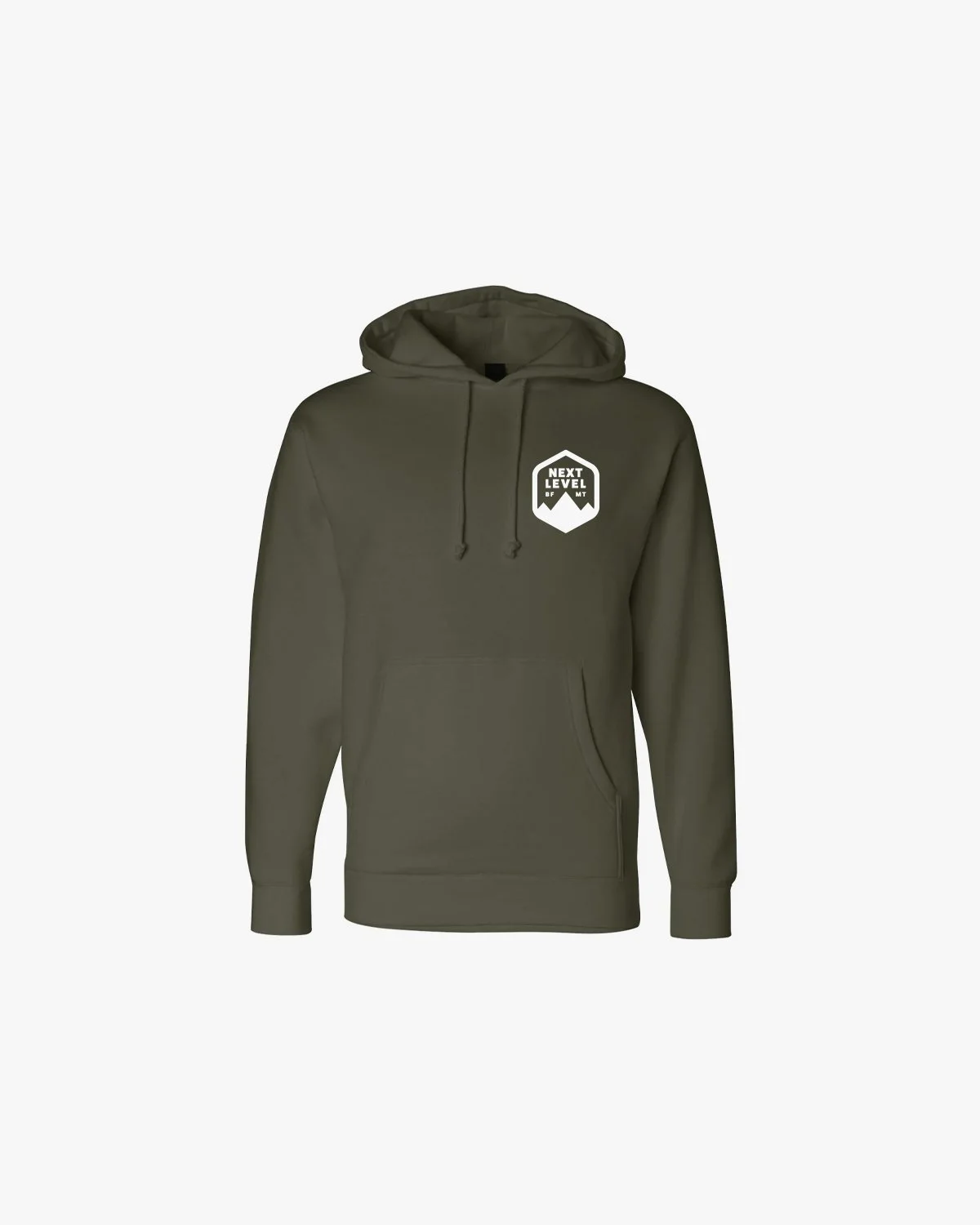Green hoodie with a white hexagon logo on the front that reads 'Next Level' with small labels underneath.