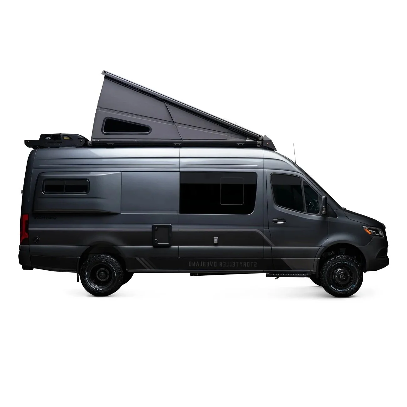 Black conversion van with a pop-up roof extended, isolated on white background.