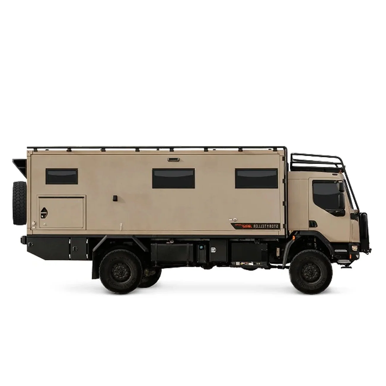 A beige overland expedition vehicle with black accents, four wheels, and three tinted windows on the side.