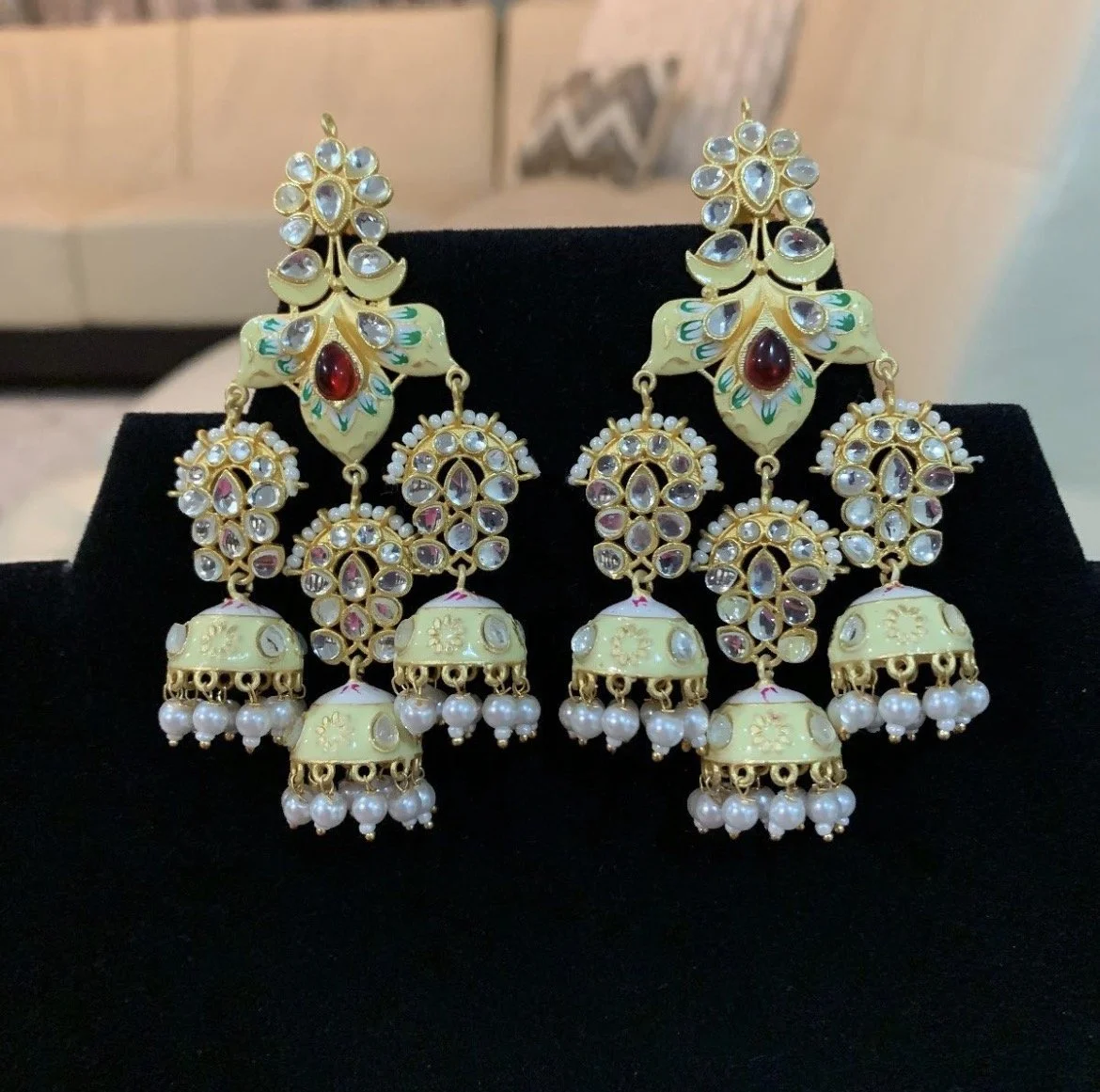 Yellow Minakari Earrings with Pearl Drops