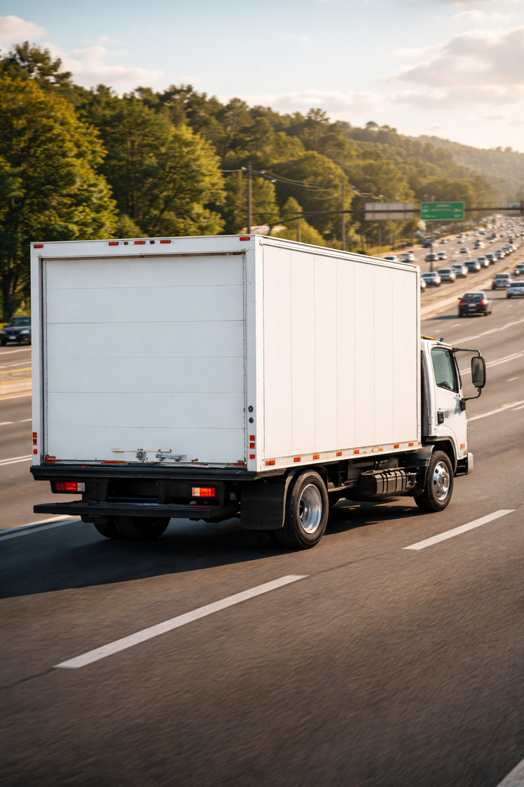 A white delivery truck driving on a highway with a large line of cars in traffic, surrounded by green trees and a partly cloudy sky.