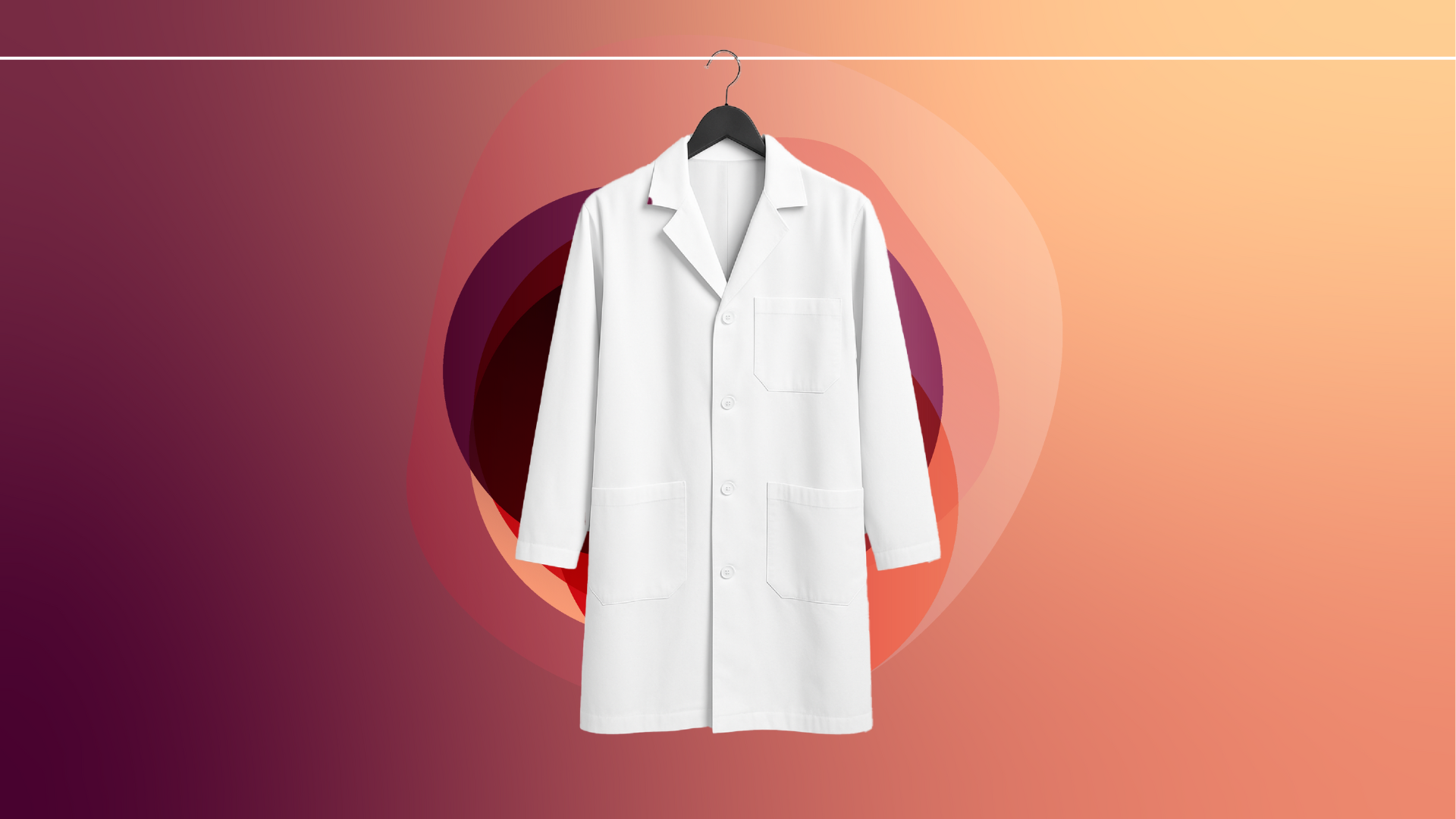 Bata blanca de laboratorio colgada en un soporte en un fondo abstracto colorido.