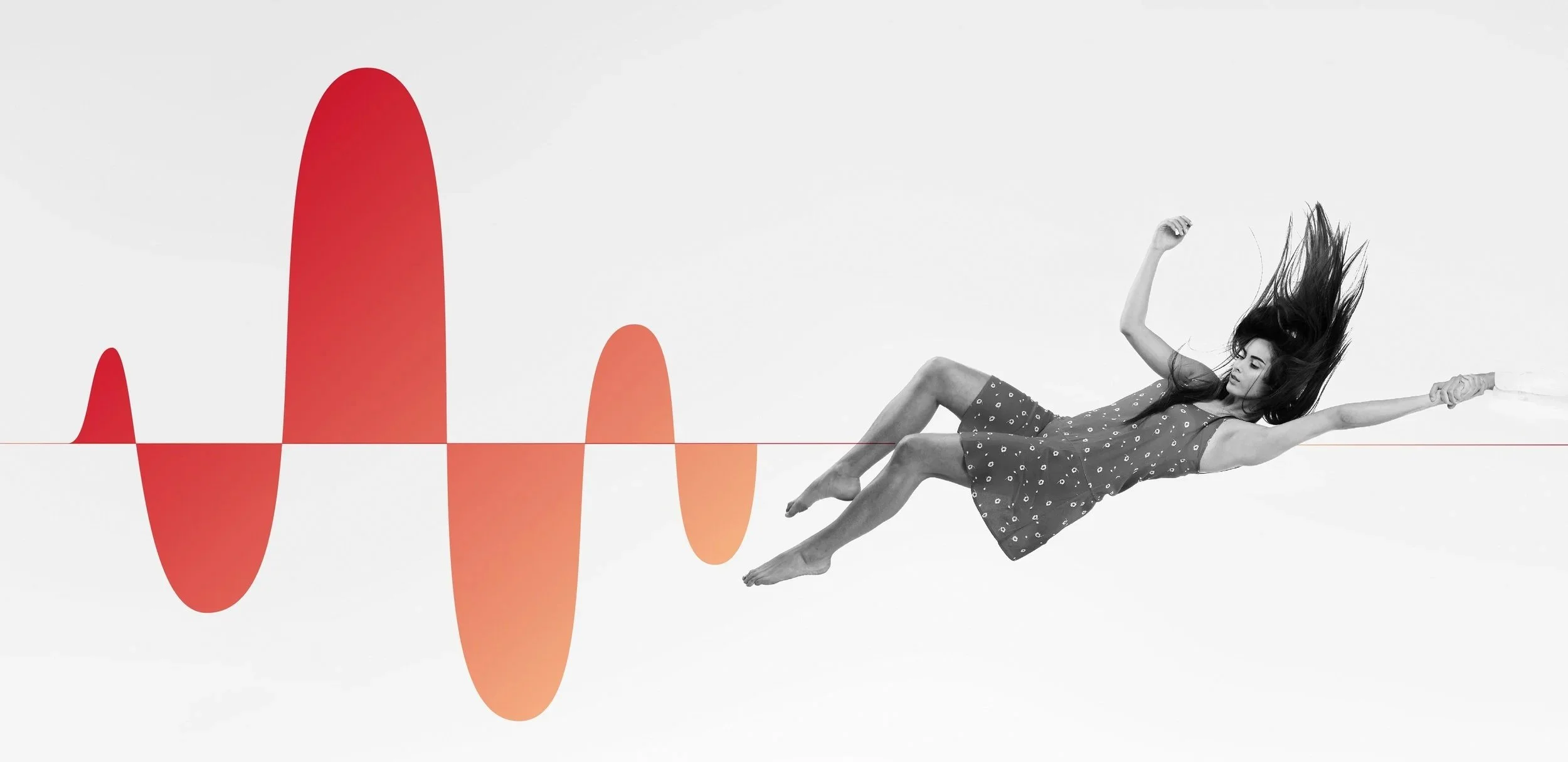 Ilustración en blanco y negro de una mujer con vestido de puntos, saltando con cuerda en un fondo blanco, con un gráfico de onda en tonos rojos y anaranjados detrás.