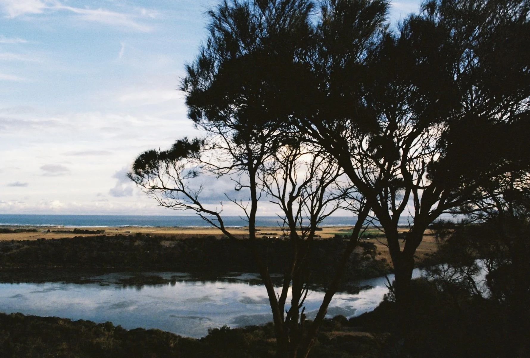 Landschaft mit Wasser, Bäumen und Himmel bei Sonnenuntergang oder Sonnenaufgang, silhouettierte Bäume im Vordergrund, weite offene Flächen im Hintergrund.