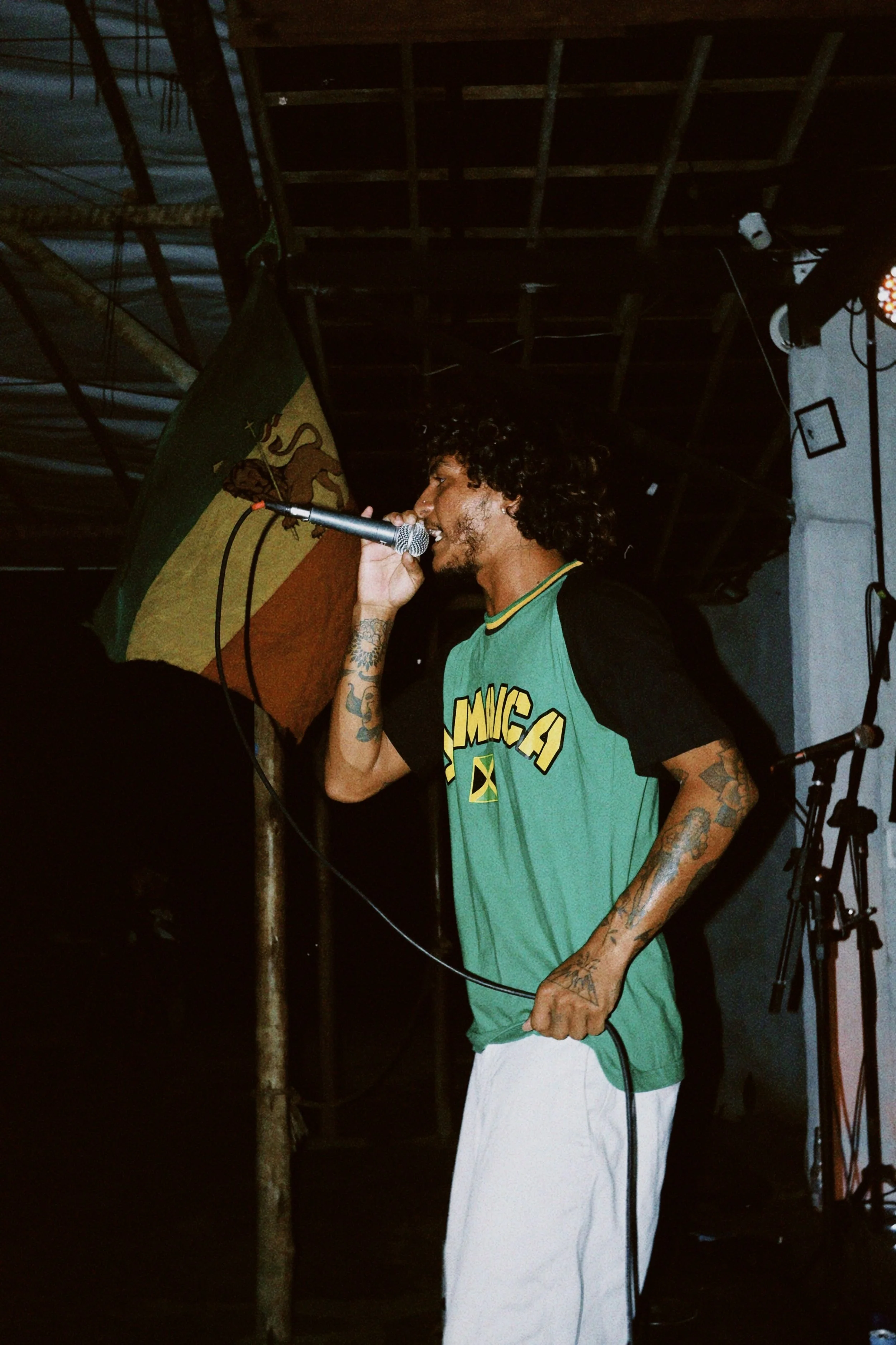 Ein Musiker singt in ein Mikrofon bei einer Veranstaltung, im Hintergrund ist eine jamaikanische Flagge sichtbar.