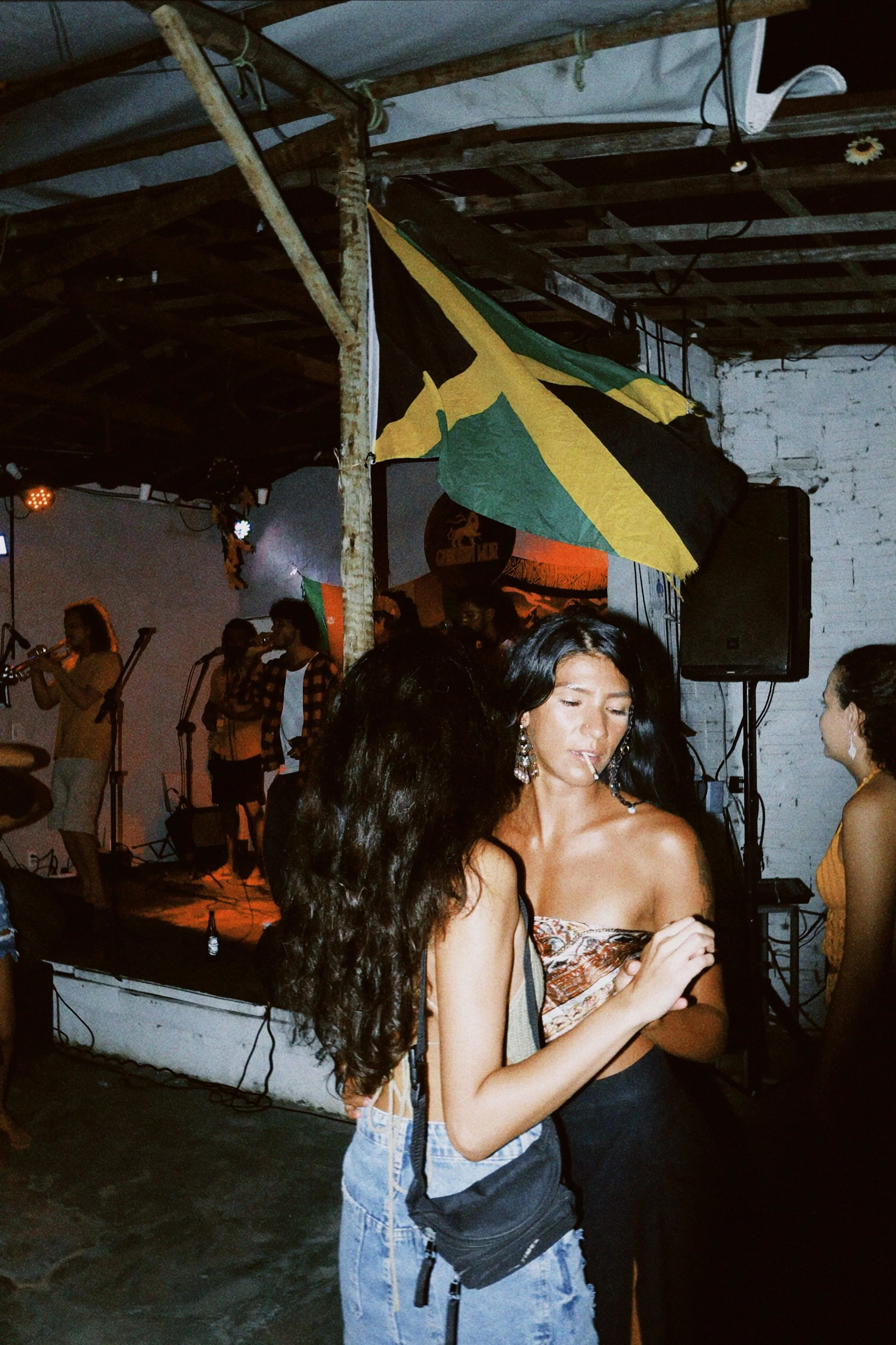 Zwei Frauen im Vordergrund, eine mit langem dunklem Haar und die andere mit schwarzen Haaren, die sich auf einer Party oder einem Konzert befinden. Im Hintergrund sind Musiker auf einer Bühne und eine jamaikanische Flagge sichtbar.