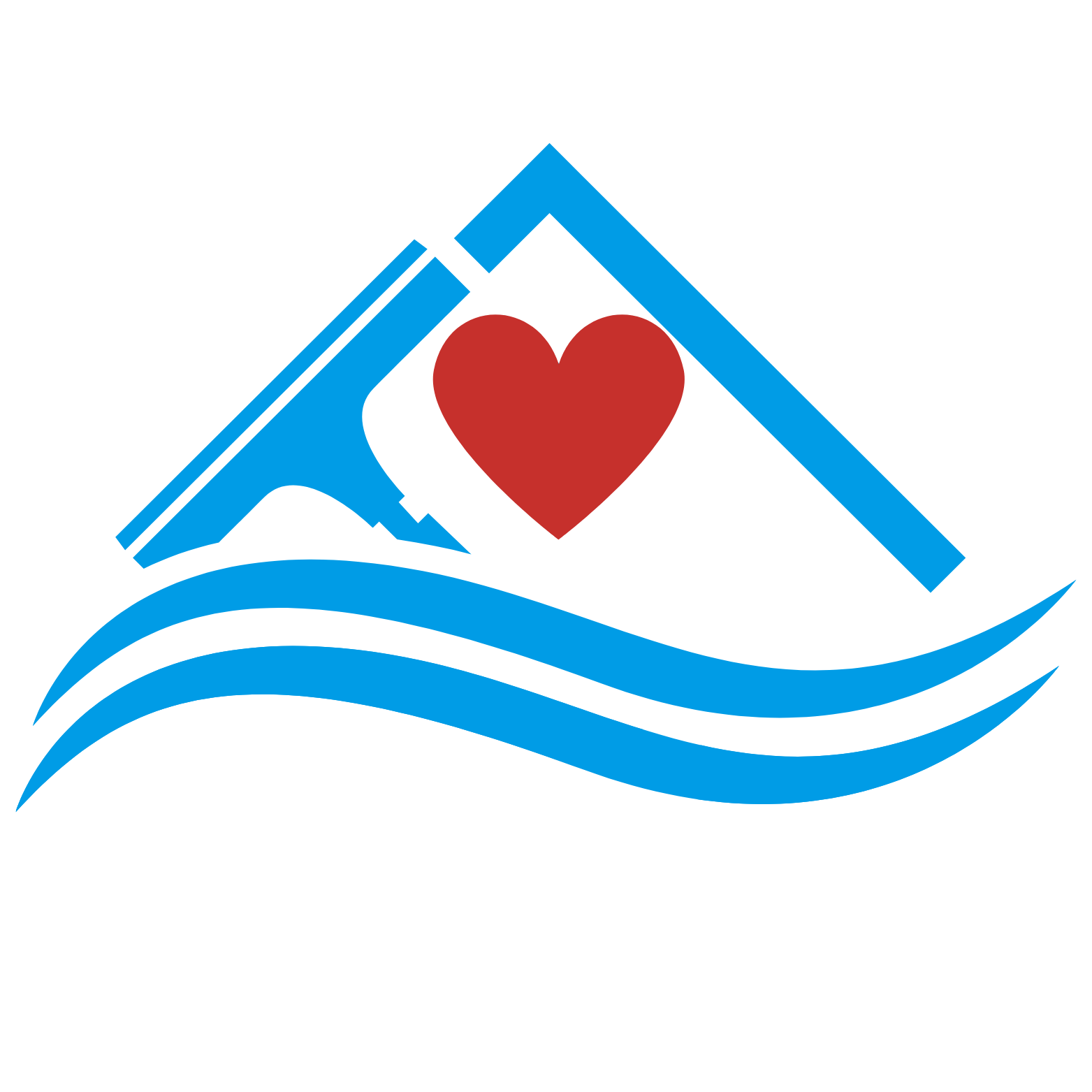 Logo with a blue house, red heart inside, and three blue wavy lines below.