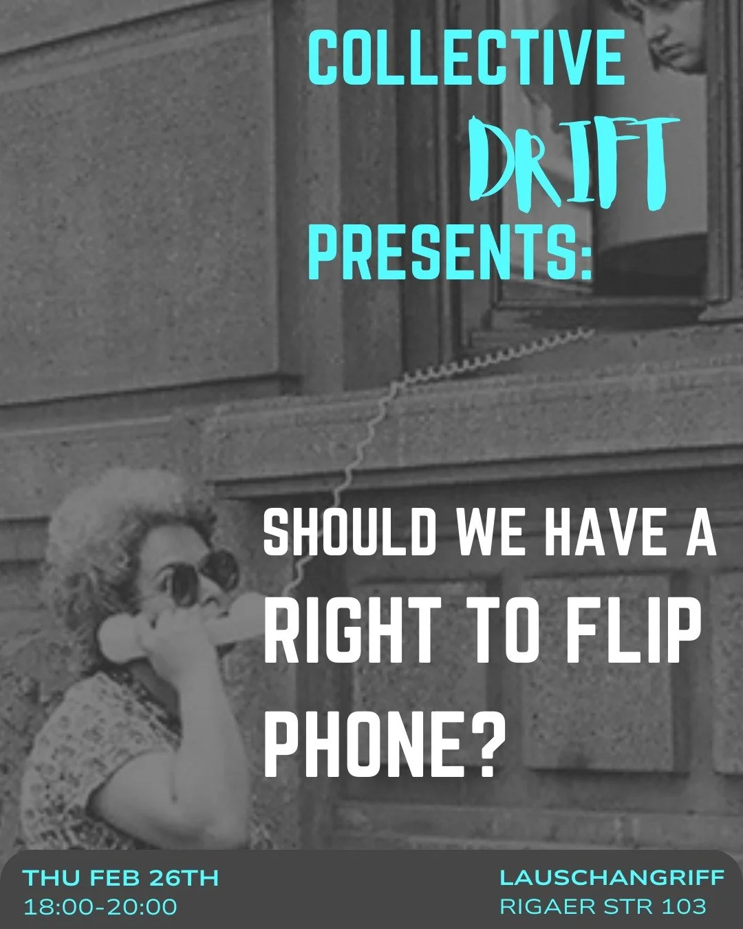 Next event: Should we have a Right to Flip Phone?
When: 26/02, 18:00
Where: Lauschangriff, Rigaer str. 103, Berlin

Like (almost) every last Thursday of the month, we're meeting on February 26th at 18h at Lauschangriff in Rigaer Str. 103, this time t