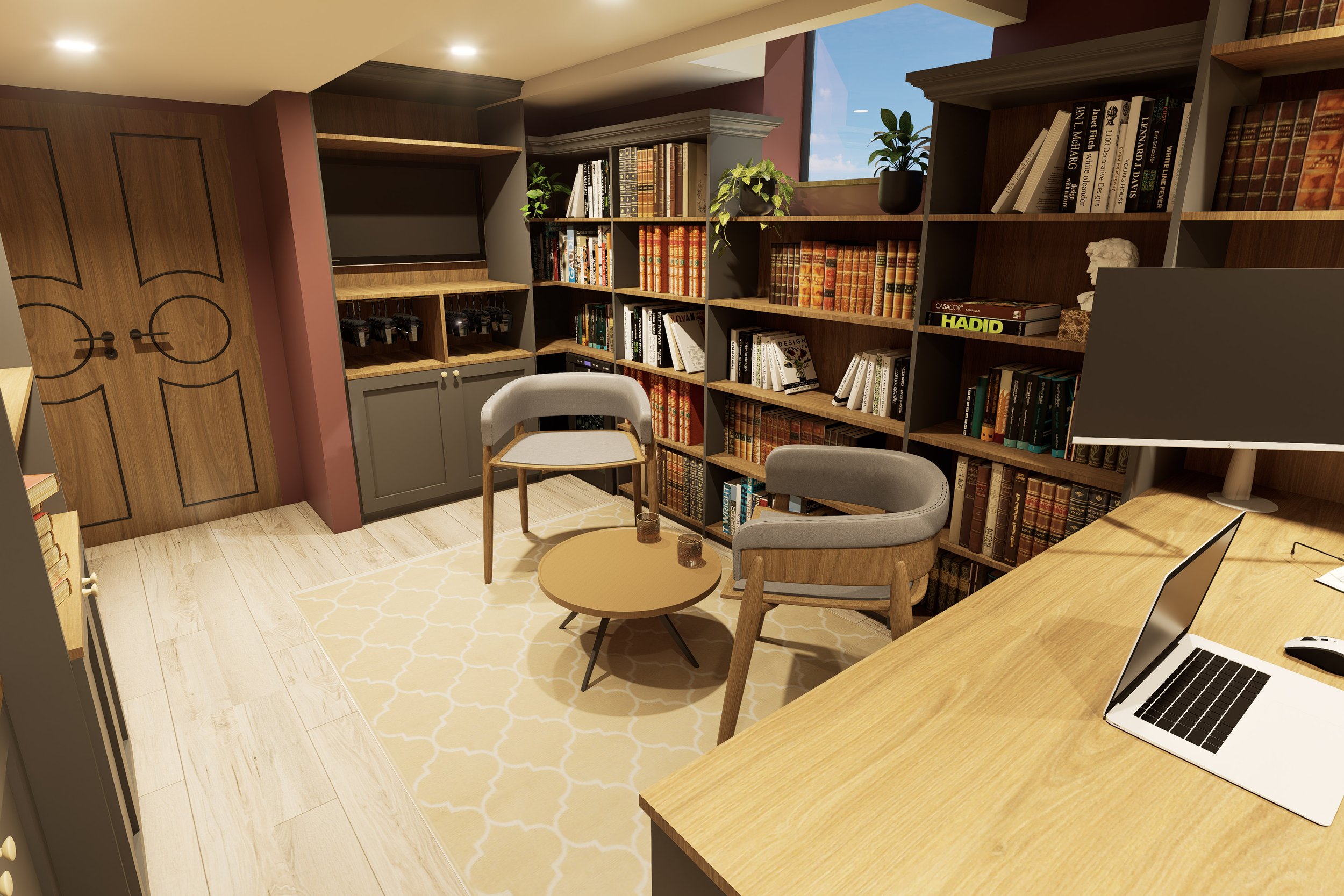 Office with decorative doors and designer chairs - render