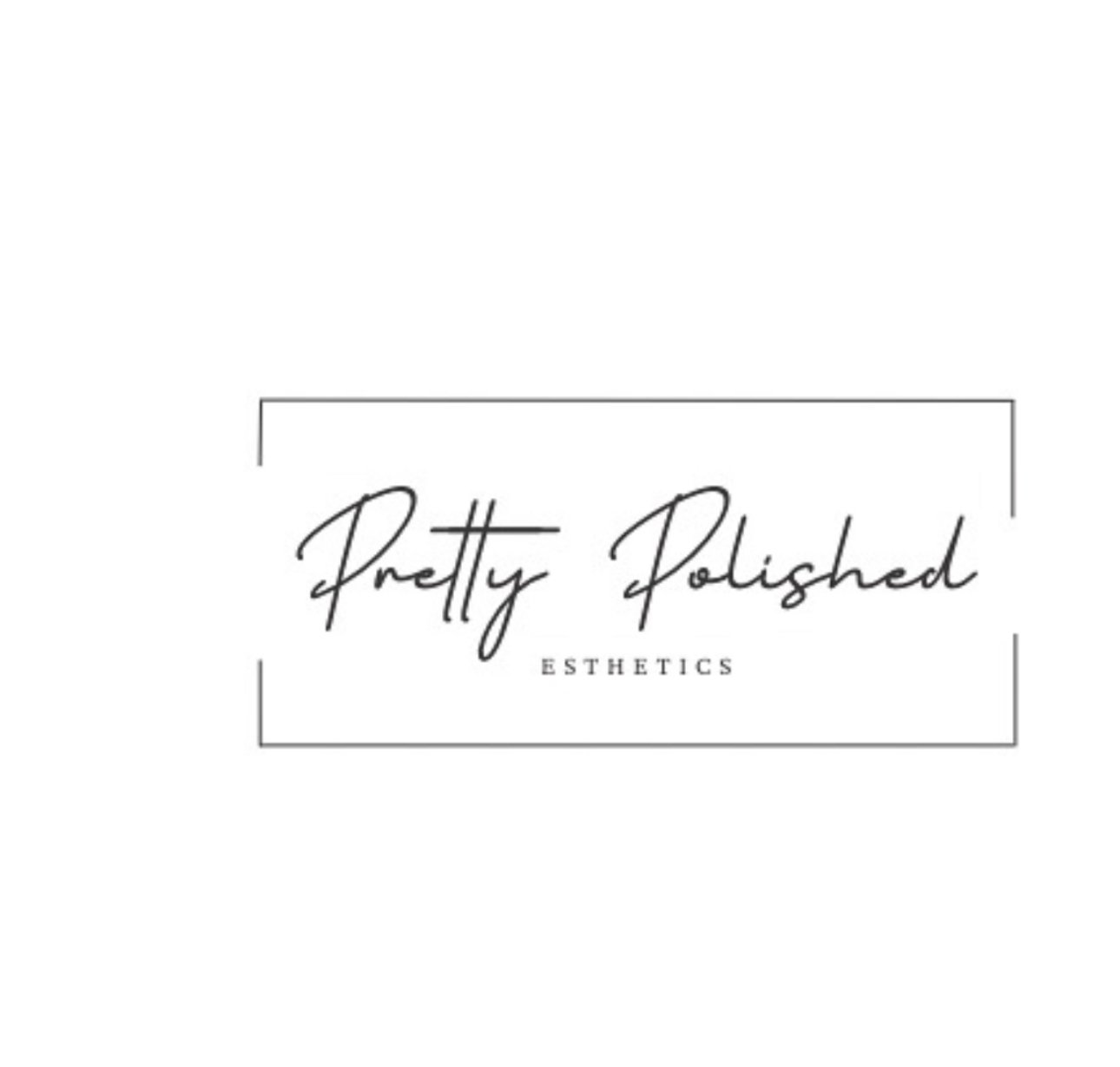 Logo for Pretty Polished Esthetics featuring elegant black cursive text labeled "Pretty Polished" with smaller print "Esthetics" underneath, all enclosed in a simple rectangular outline.