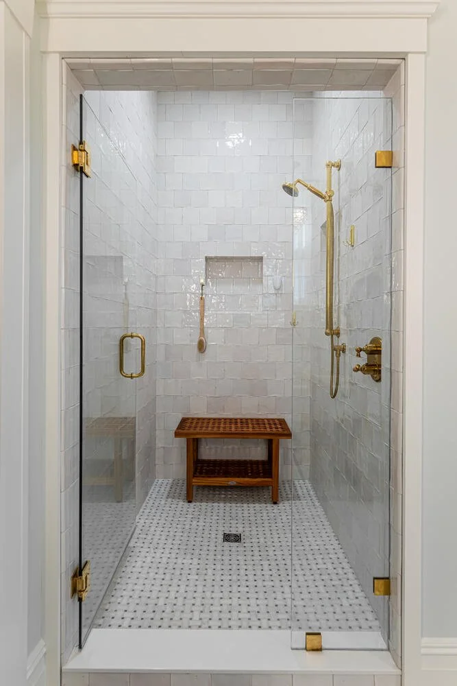 custom zellige tile shower marble basketweave unlacquered brass