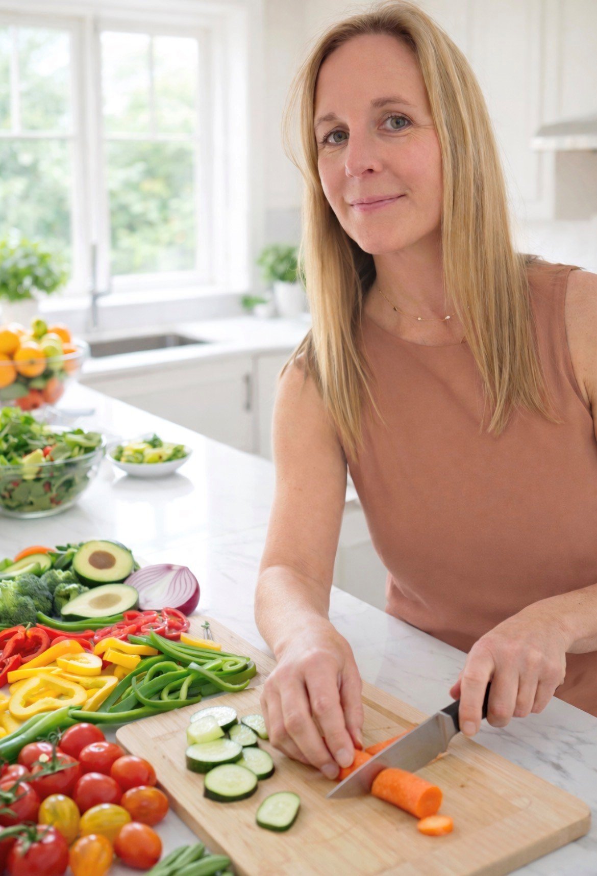 A woman with long blonde hair slicing a carrot on a wooden cutting board in a bright kitchen surrounded by various colorful vegetables and salads.