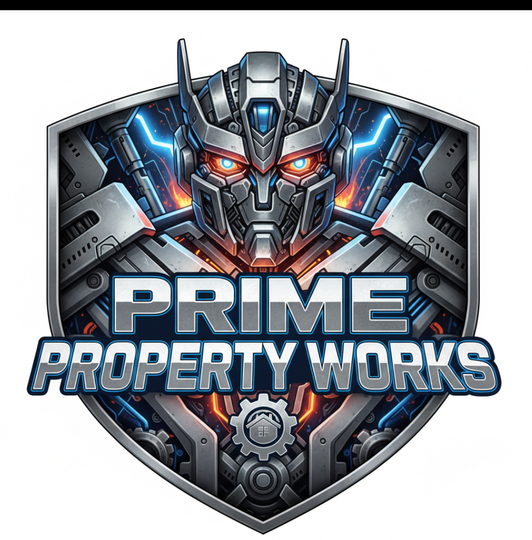 A logo for Prime Property Works featuring a robotic, futuristic shield with a mechanical robot face and glowing blue eyes. The text 'Prime' is in large blue letters, and 'Property Works' is below in stylized gray and blue font. The shield has details like gears and circuits, with a small house icon at the bottom.