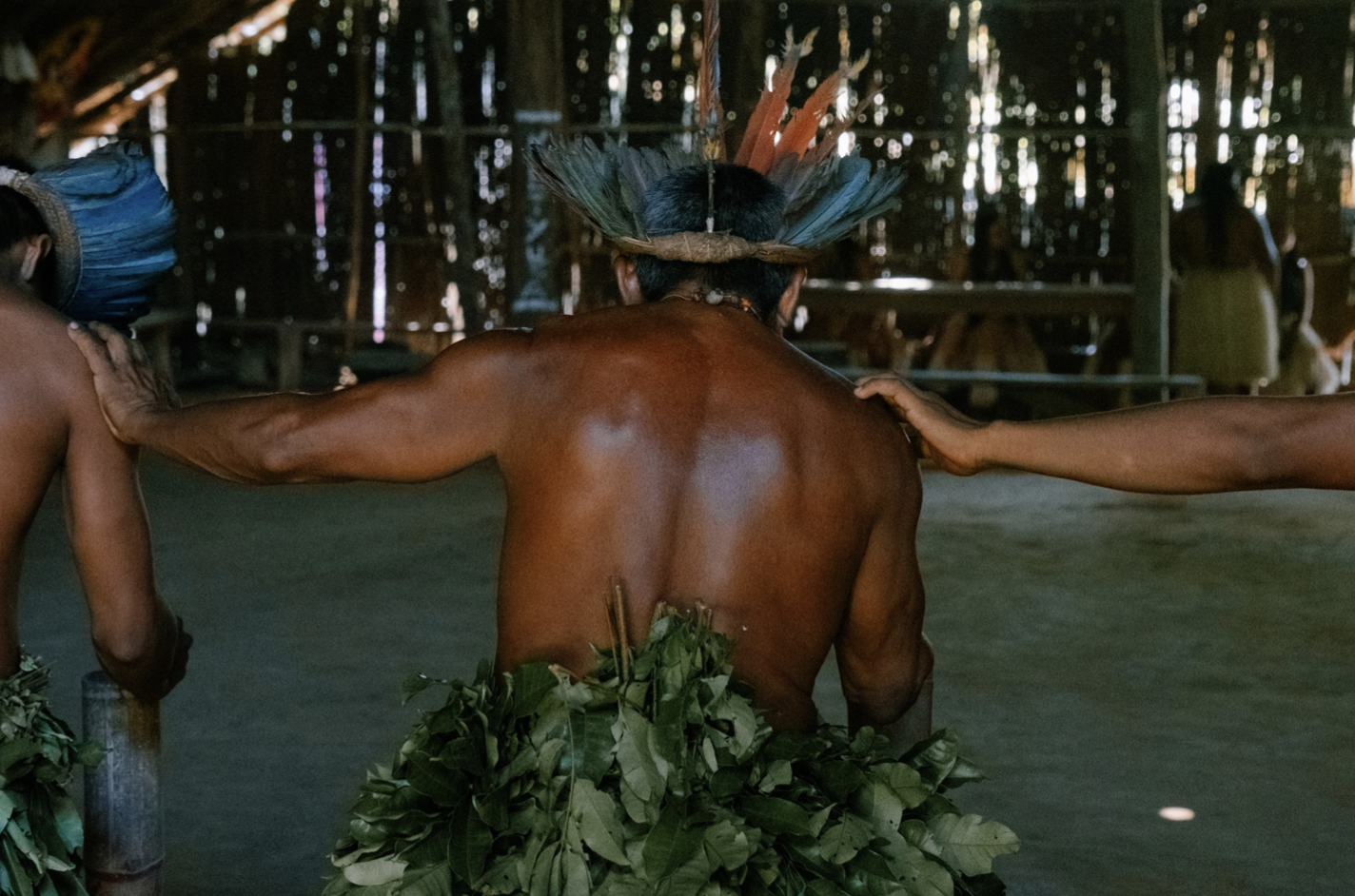 A man with traditional tribal attire, wearing a feathered headdress and a skirt made of leaves, participating in a cultural dance or ceremony in a wooden structure.
