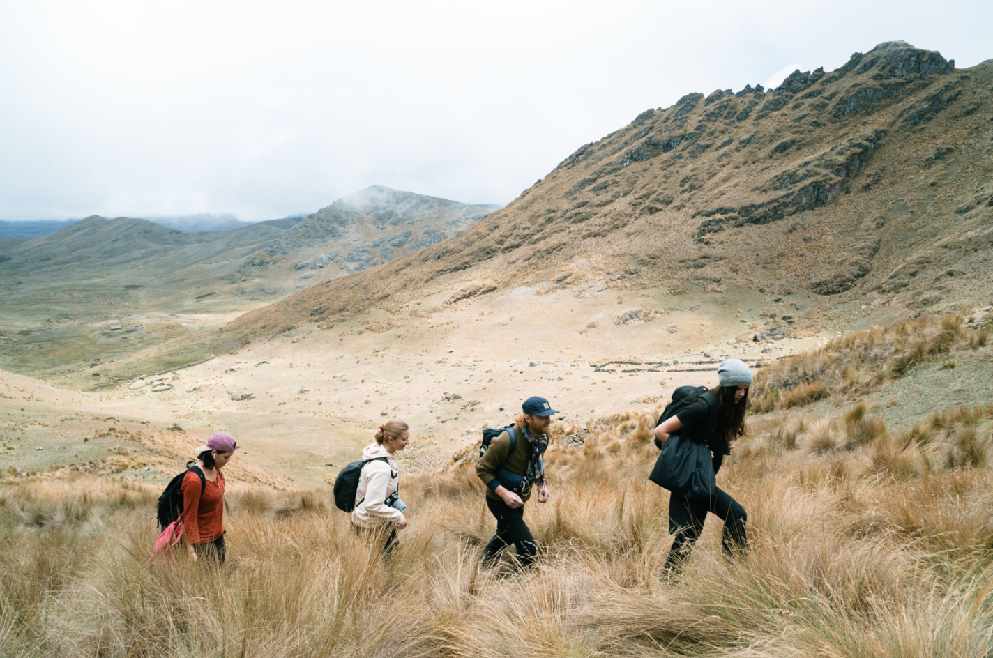 Four hikers walking through grassy terrain in a mountainous area with cloudy sky.