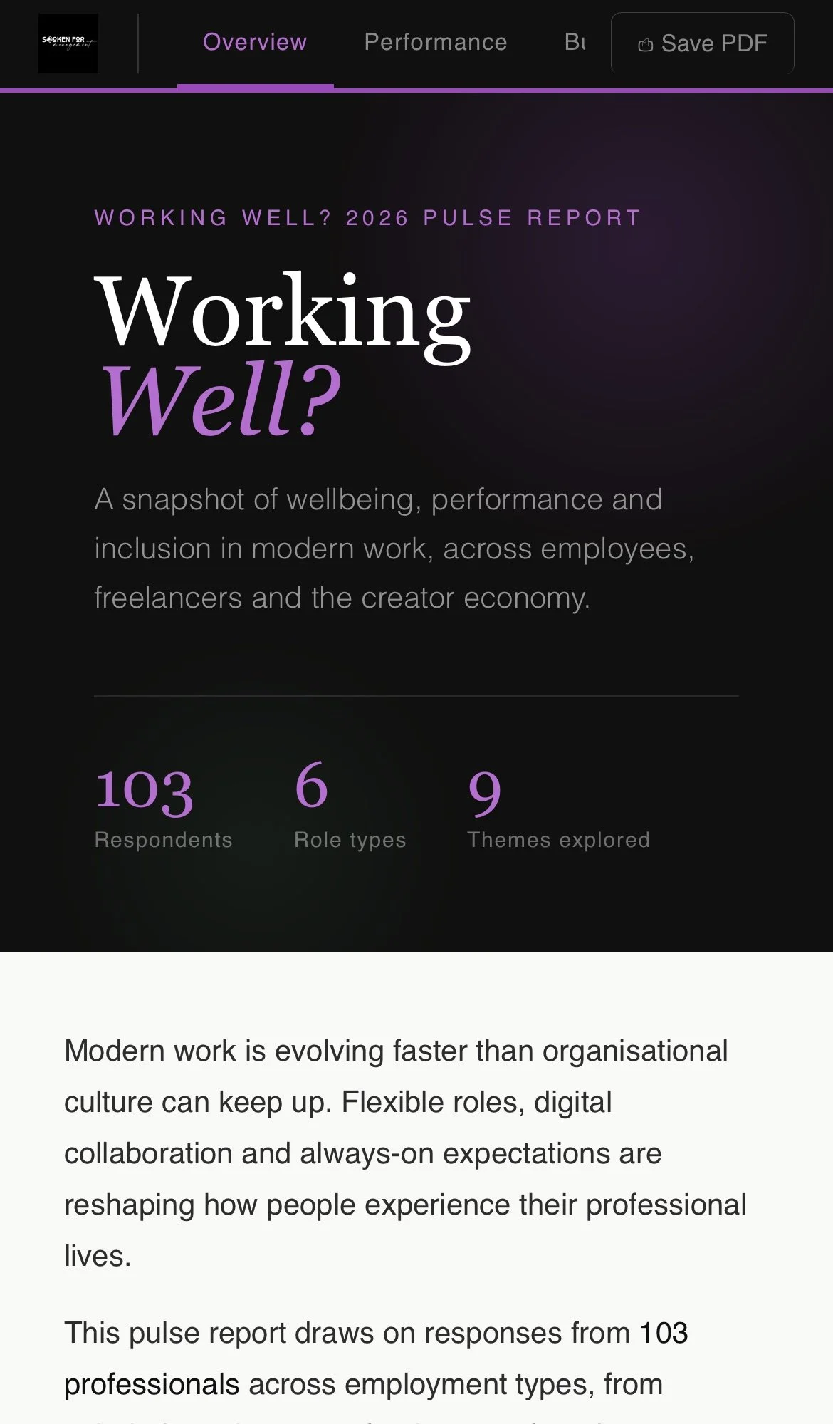 Screenshot of a digital report titled "Working Well? 2026 Pulse Report" with sections including Overview, Performance, Bul and Save PDF. The Overview provides a summary of the report about wellbeing, performance, and inclusion in modern work. It displays key statistics: 103 respondents, 6 role types, and 9 themes explored.