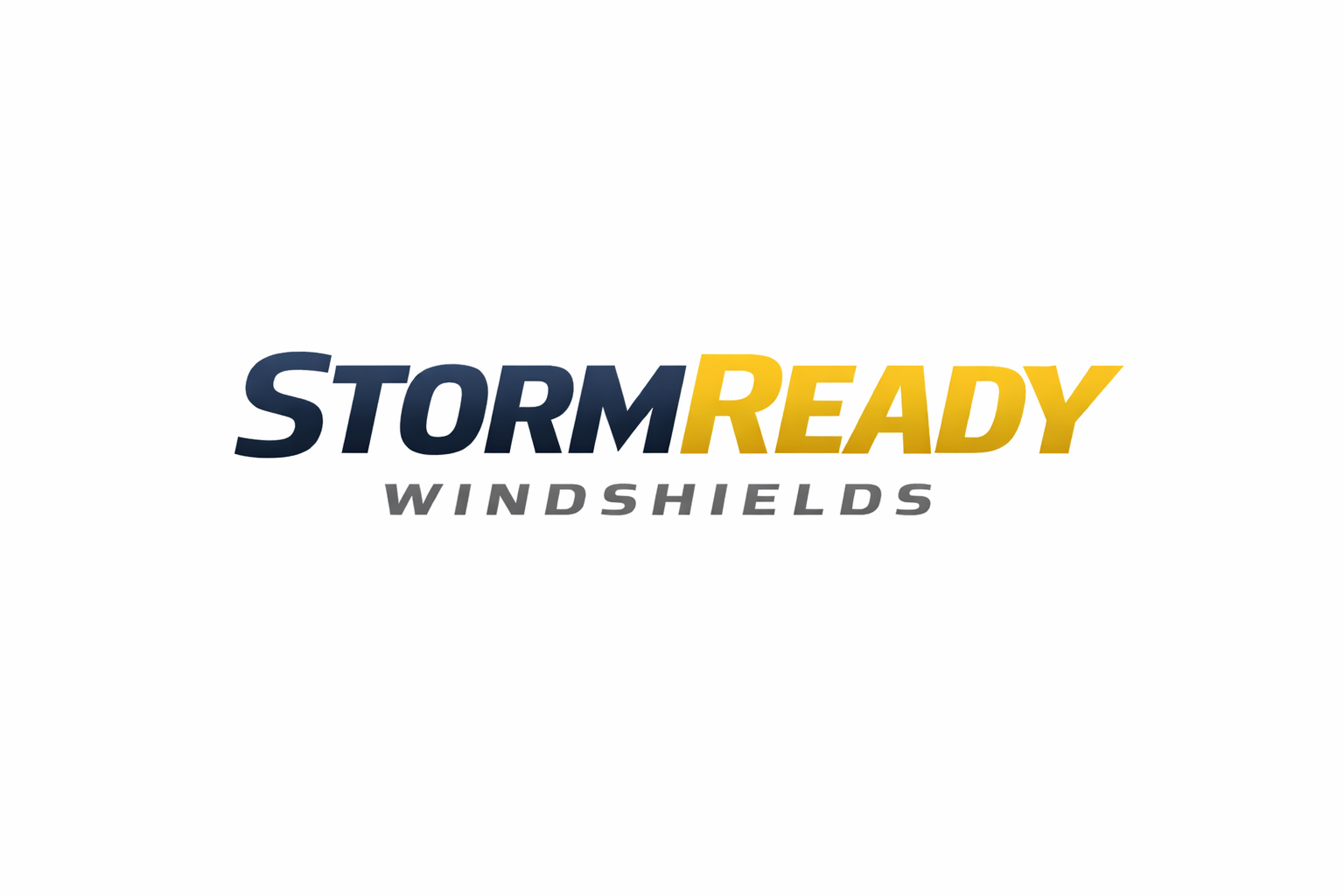 Logo for StormReady Windshields with the words 'Storm' in dark blue, 'Ready' in yellow, and 'Windshields' in gray.