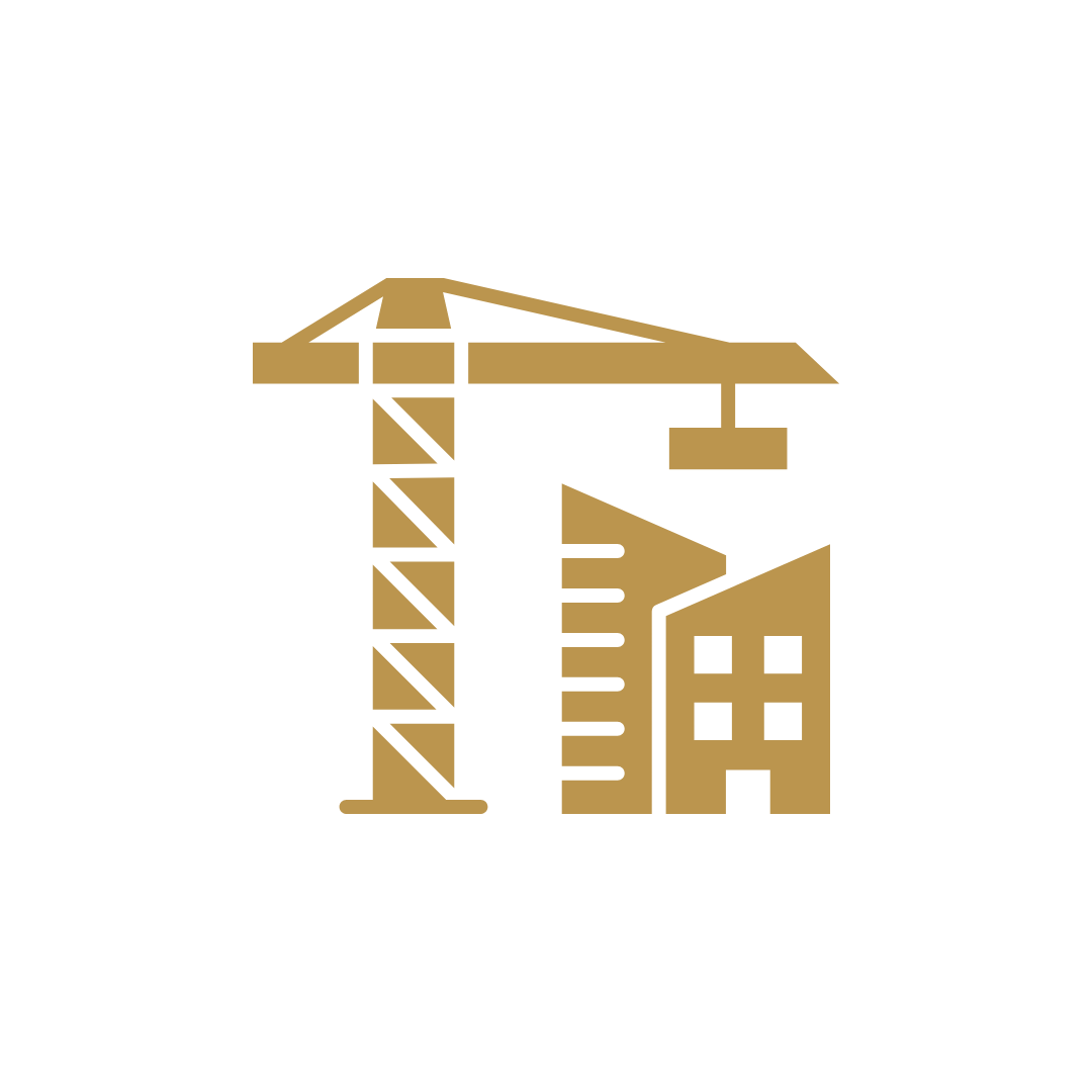 Icon of a construction crane and building in gold color.