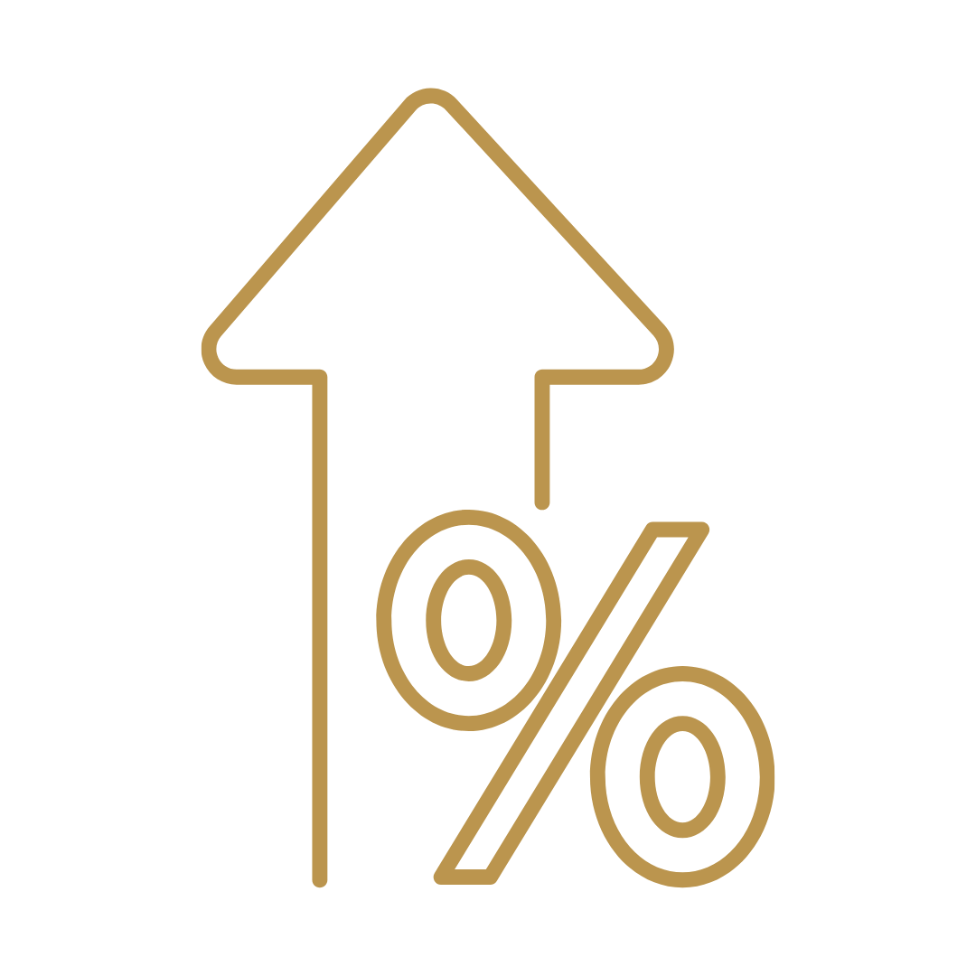 Gold outline of an upward arrow and a percentage symbol on a black background, indicating an increase in rental yields, and capital appreciation.