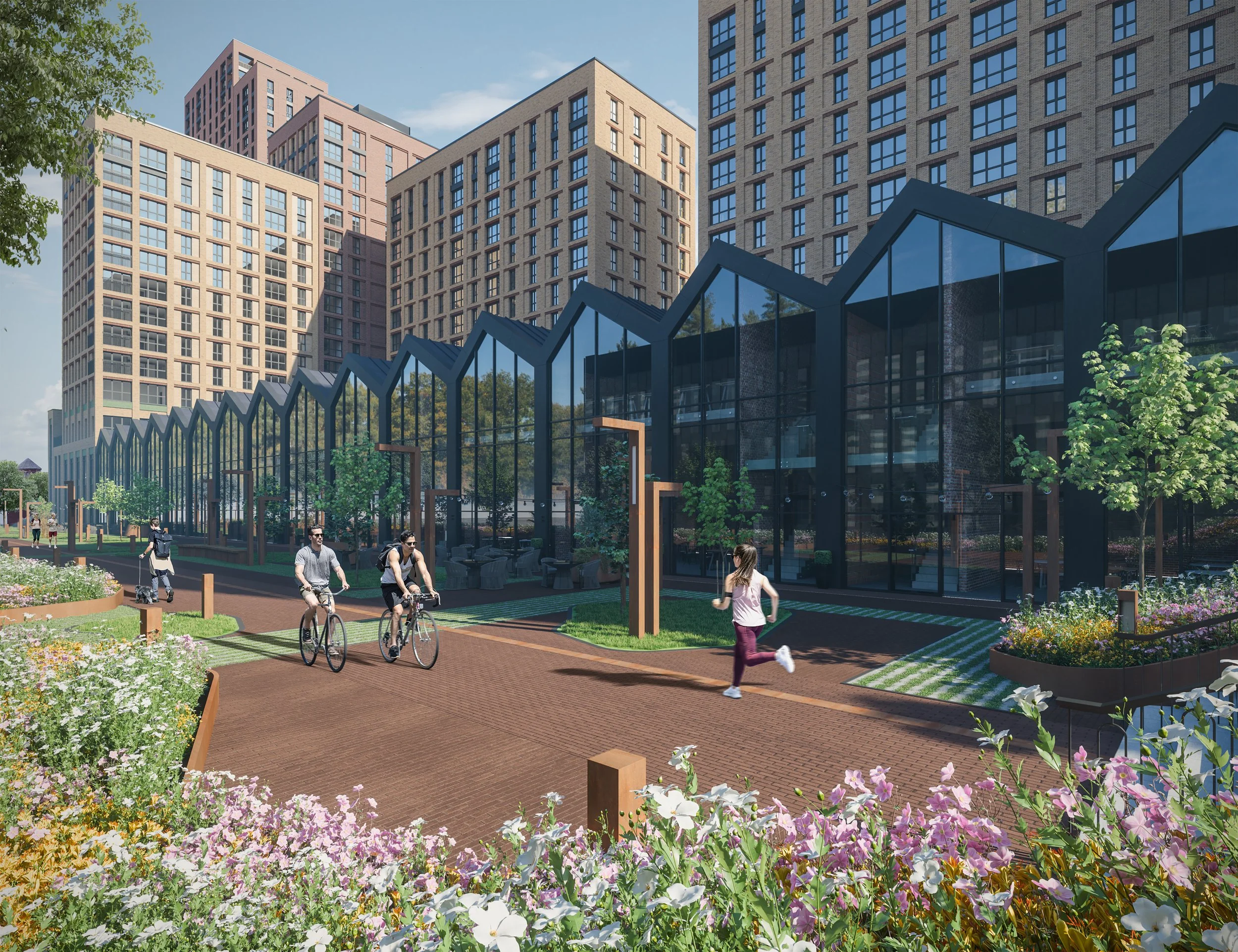 A modern cityscape with green urban park, people walking and biking, tall buildings, glass-enclosed structures, colorful flowers, trees, and a clear blue sky.