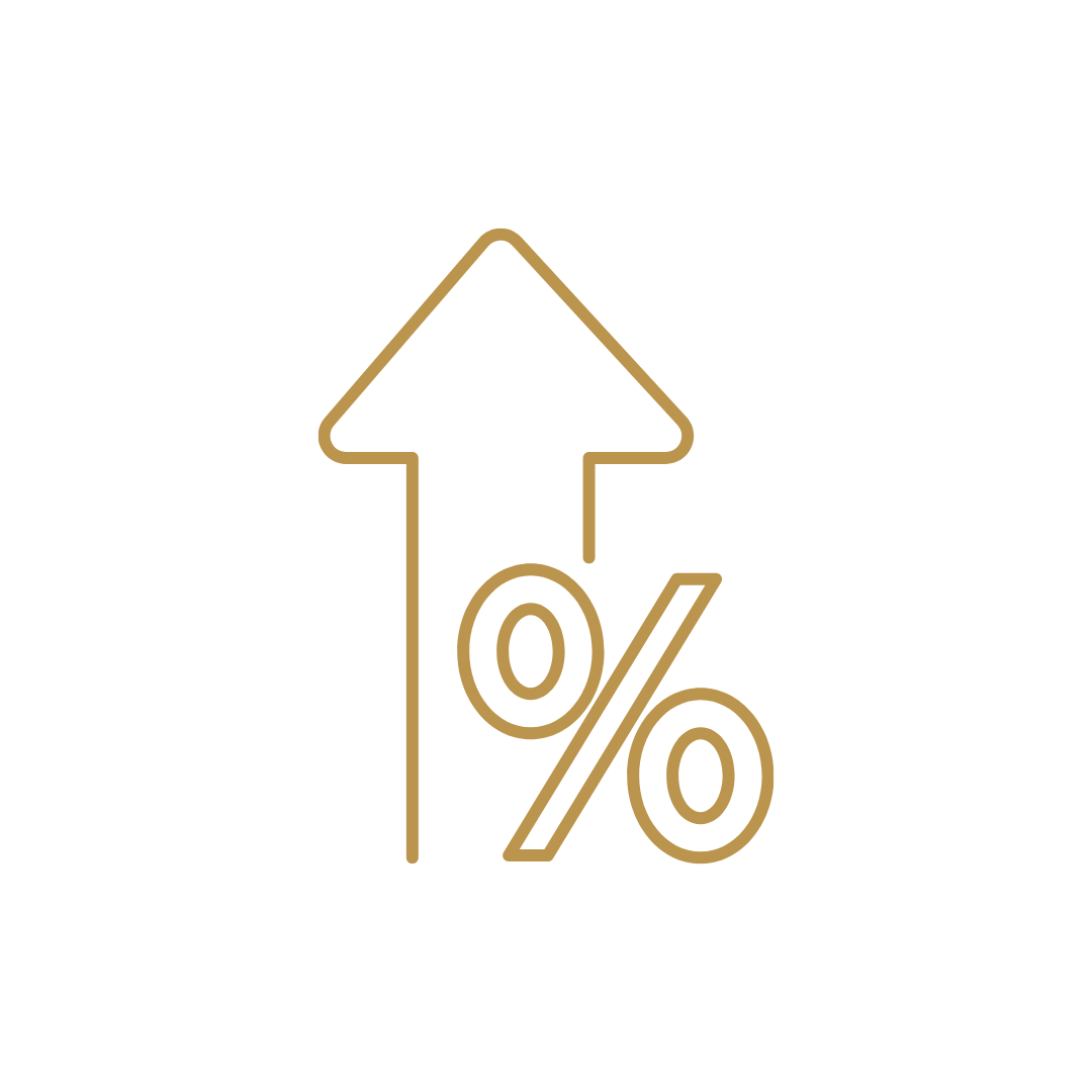Gold outline of an upward arrow and a percentage symbol on a black background, indicating an increase in rental yields, and capital appreciation.