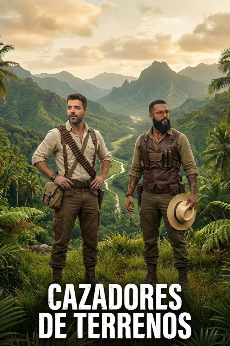 Cartel 'Cazadores de Terrenos' con dos hombres en un paisaje de selva montañosa