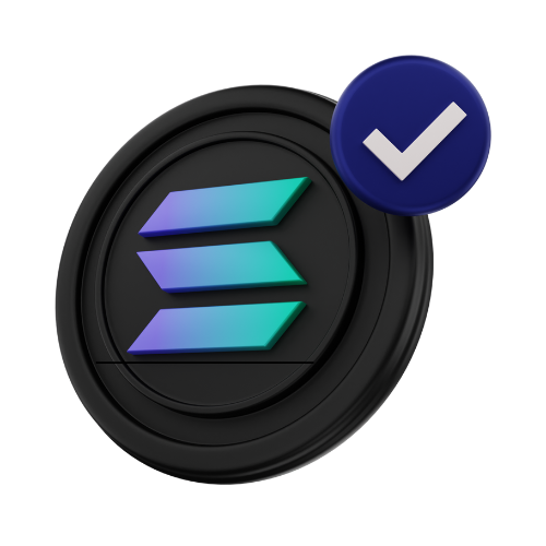 Solana cryptocurrency logo with a blue checkmark badge