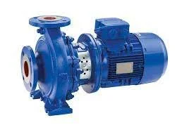 Blue industrial centrifugal pump with motor, side view